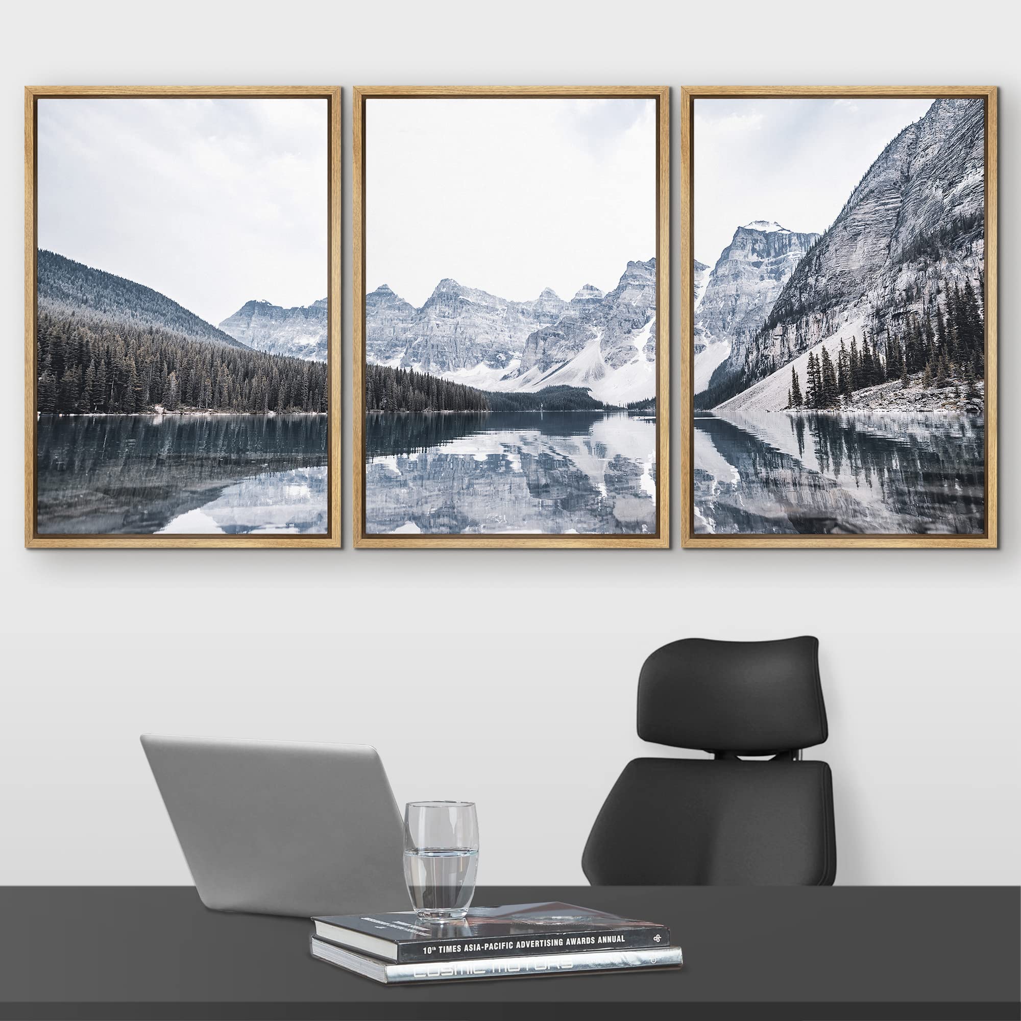 Wall26 Framed Canvas Wall Art Print Set Snowy Winter Mountain And Lake Landscape Nature Wilderness Photography Modern Rustic Col