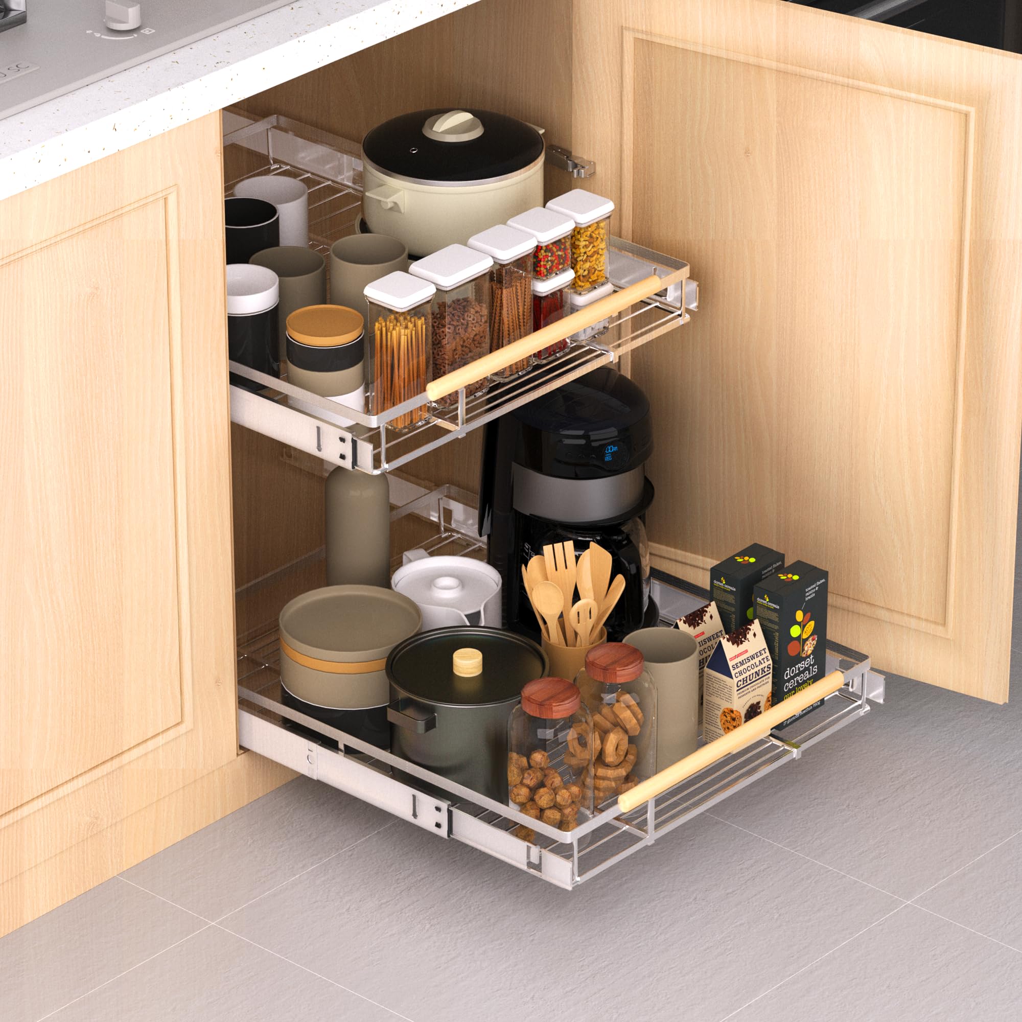 KIKIBRO Expandable Pull Out Drawer Cabinet Organizer, Adjustable Width BottomMounted Slide Out Storage Shelves for Cabinets, Re