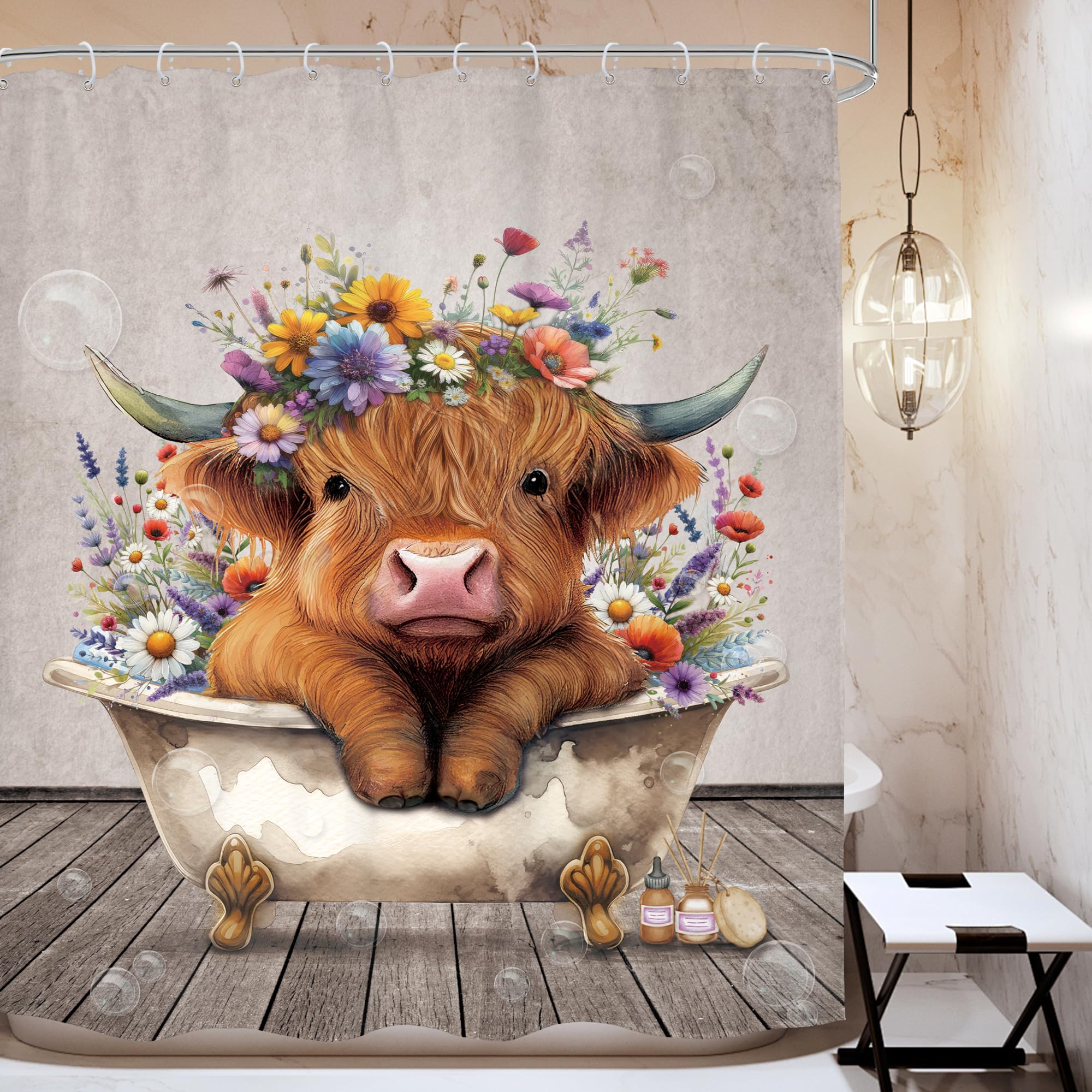 Mitpok Farmhouse Highland Cow Shower Curtain Cute Funny Rustic Floral Bull In Bath Vintage Spring Country Calf Farm Animal Wood