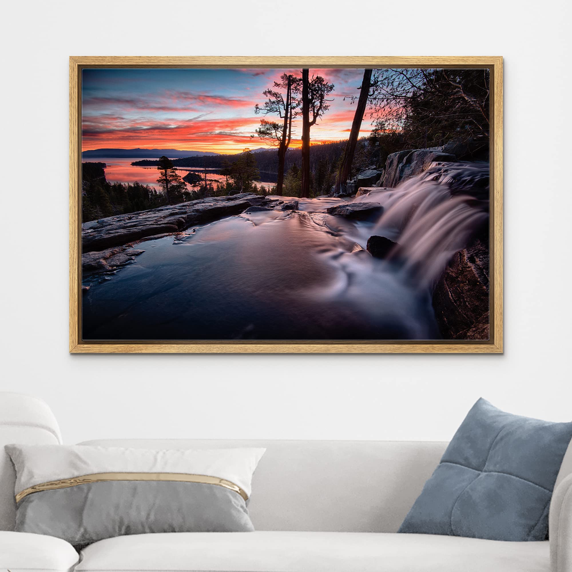 wall26 Framed Canvas Print Wall Art Water Rushes Over Lake at Sunset Nature Wilderness Photography Modern Rustic Scenic Multicolor Colorful for Living Room  Bedroom  Office - 24''x36'' Natural