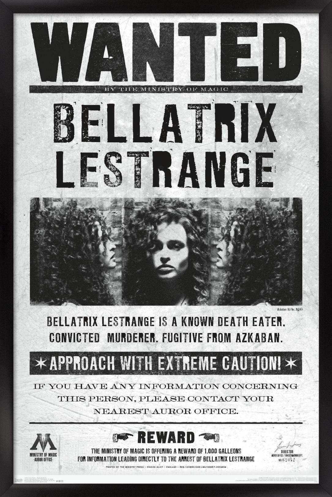 Trends International The Wizarding World: Harry Potter - Bellatrix Wanted Poster Wall Poster, 22.375'' X 34'', Black Framed Vers
