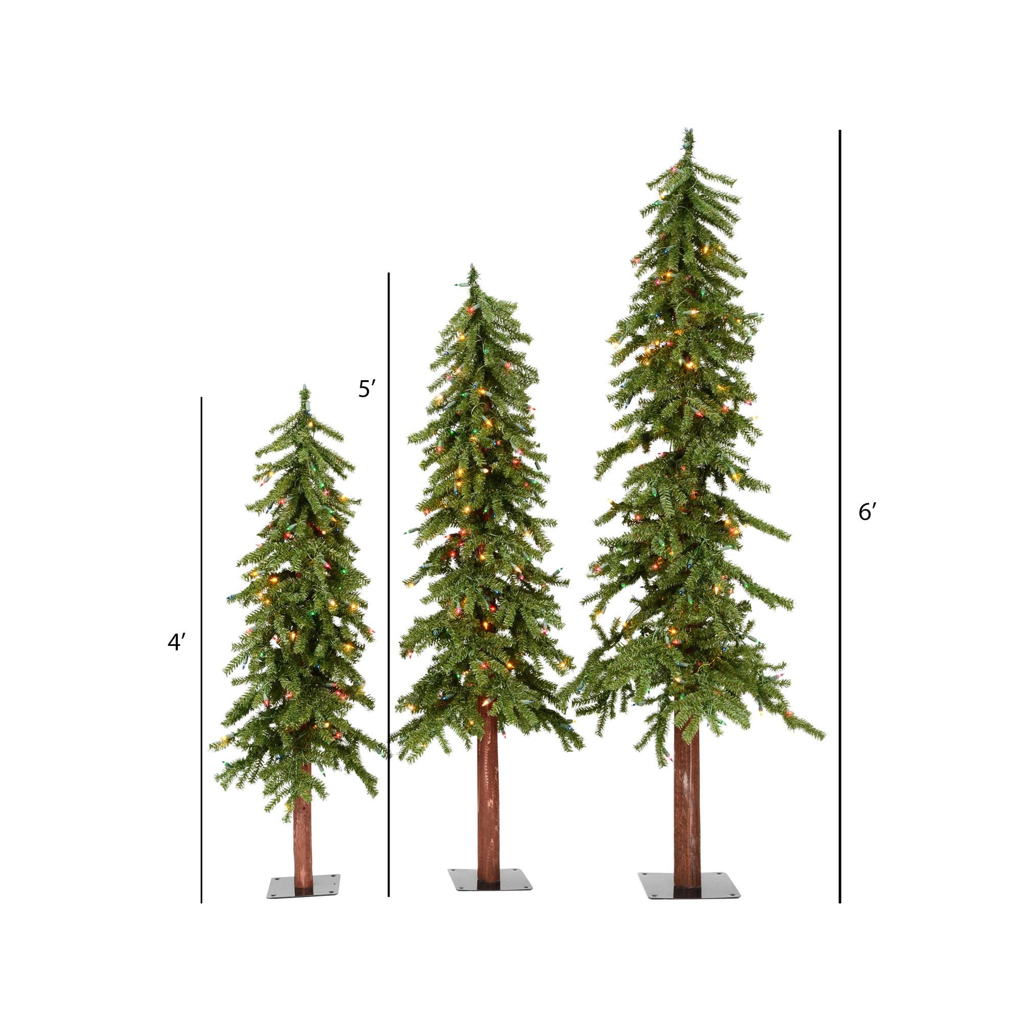 Vickerman 4' 5' 6' Natural Alpine Artificial Christmas Tree Set - Multi-Colored LED Lights - Faux Christmas Tree Set - Seasonal