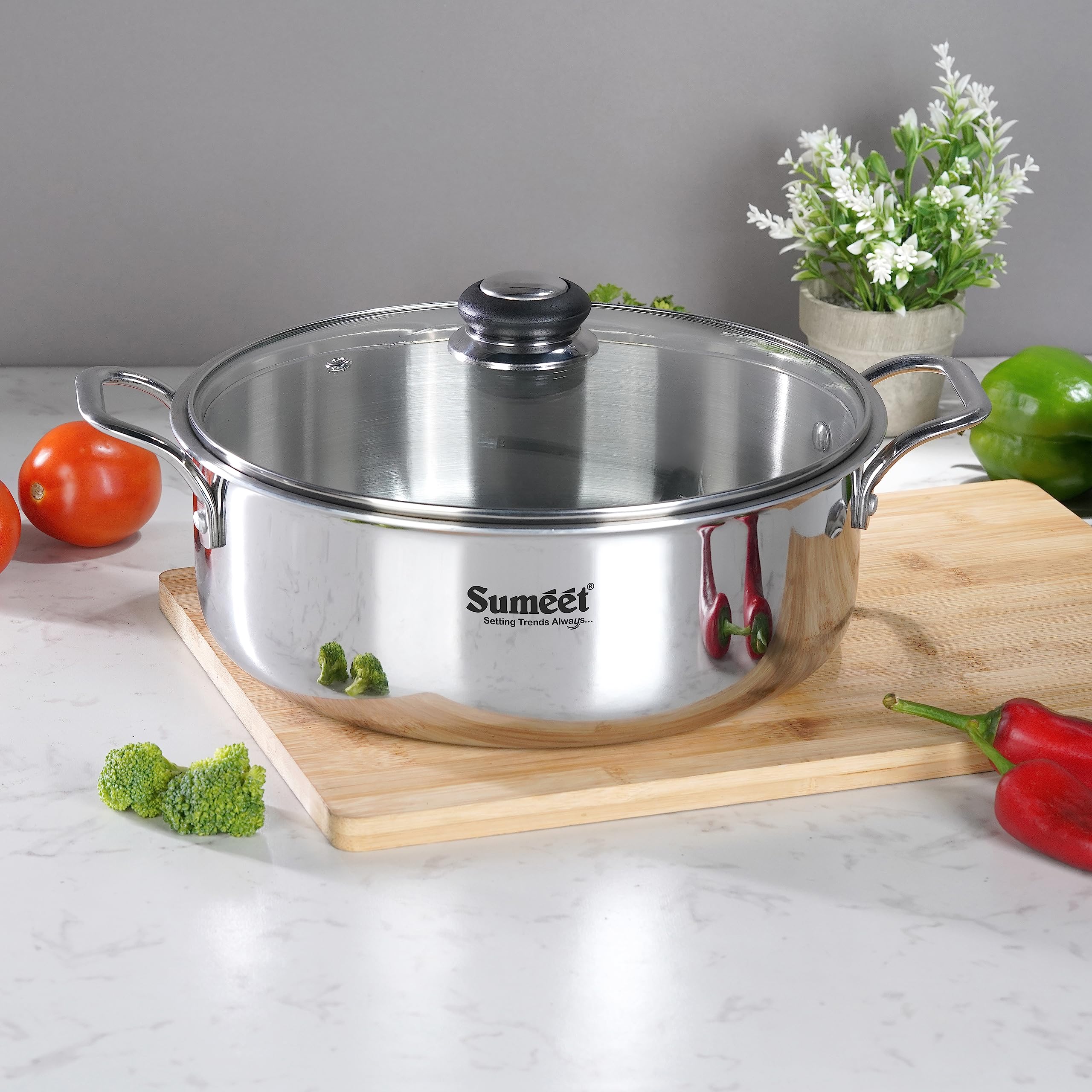 Sumeet Cook Smart Triply Steel-Aluminium-Steel - 3 Layers Casserole/Biryani Pot/Stock Pot With Glass Lid- 4.35Ltr - 24Cm - Silve