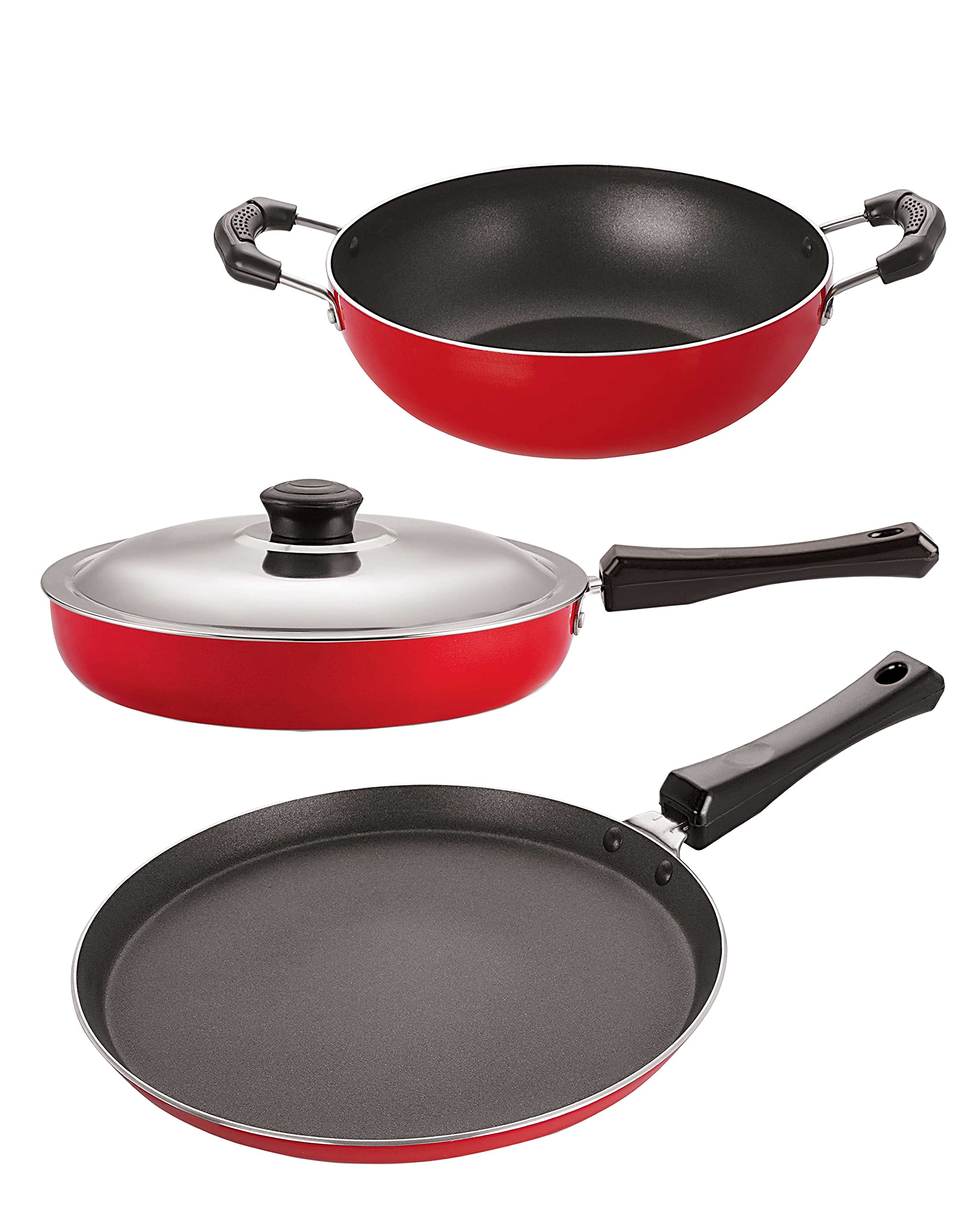 Nirlon NonStick Aluminium Cookware Set, 3Pieces, Red & Black