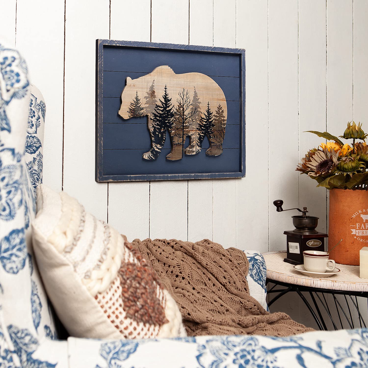 Nikky Home Cute Bear In The Forest Decorative Wood Framed Wall Art Prints Cabin Decor, 21'' X 16'', Gray