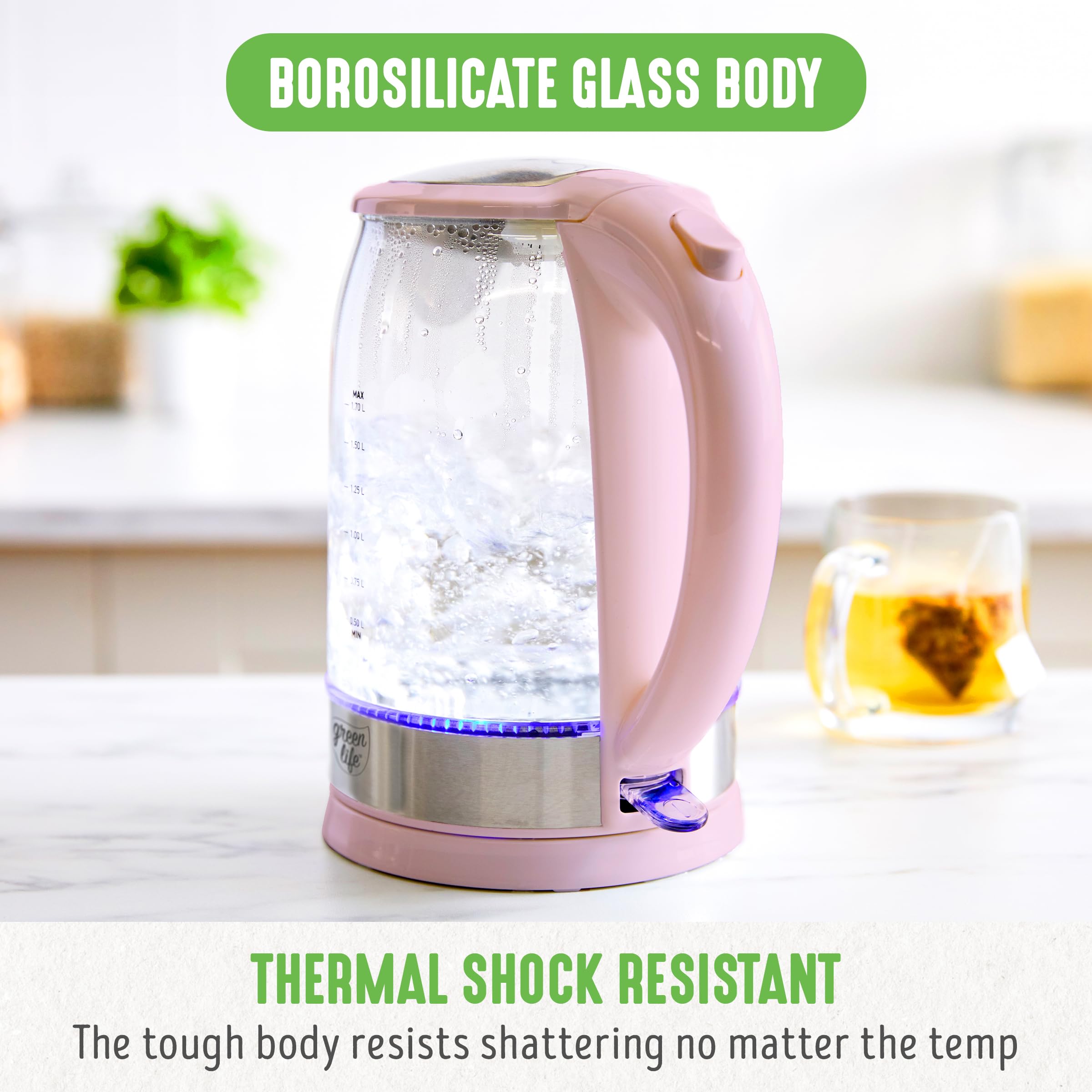 Greenlife 1.7 Liter Glass Electric Kettle, Easy One Touch Use, Quick Heating, Filtered Spout, Led Base, Auto Shut-Off, Cordless