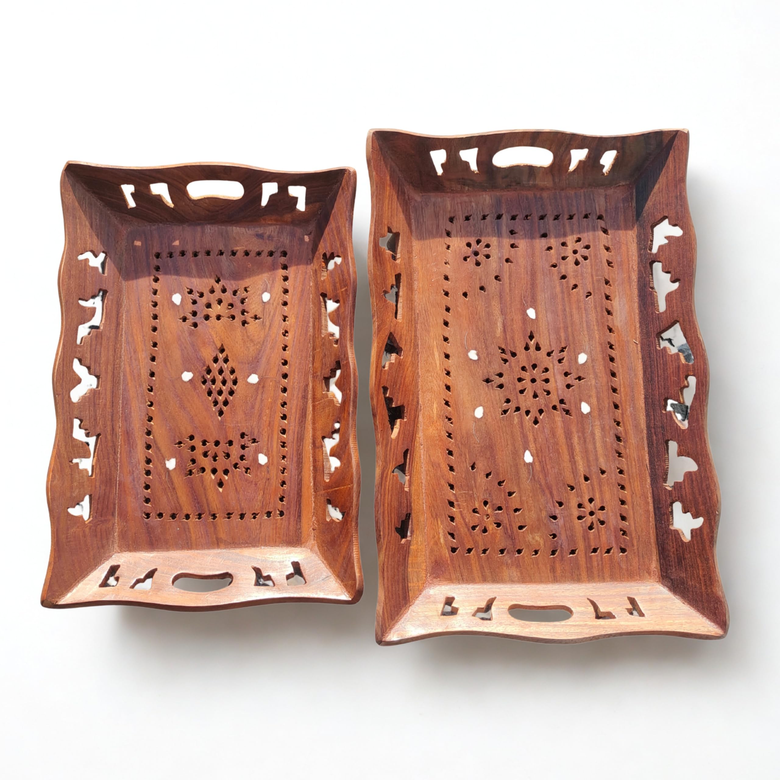 Welzish Wooden Serving Tray/Tray (Set Of 2) Rectangular Sheesham Wood Tray Set (15X10) & (13X9) For Serving Cups, Glasses, And S