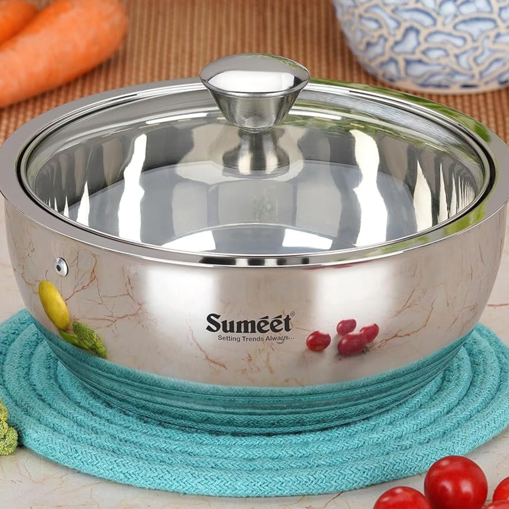 Sumeet Smart Serve Stainless Steel Double Wall Insulated Small Hot Sabji/Gravy/Meal Pot/Server/Casserole With Glass Lid, 550Ml, 