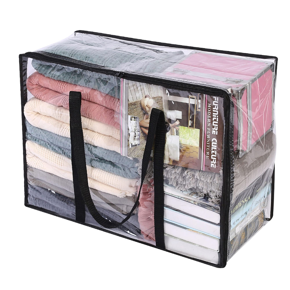 Vieshful Clear Clothes Storage Bag, 40L Zippered Closet Organizer, Plastic Storage Containers Moving bags for Comforter, Blanket