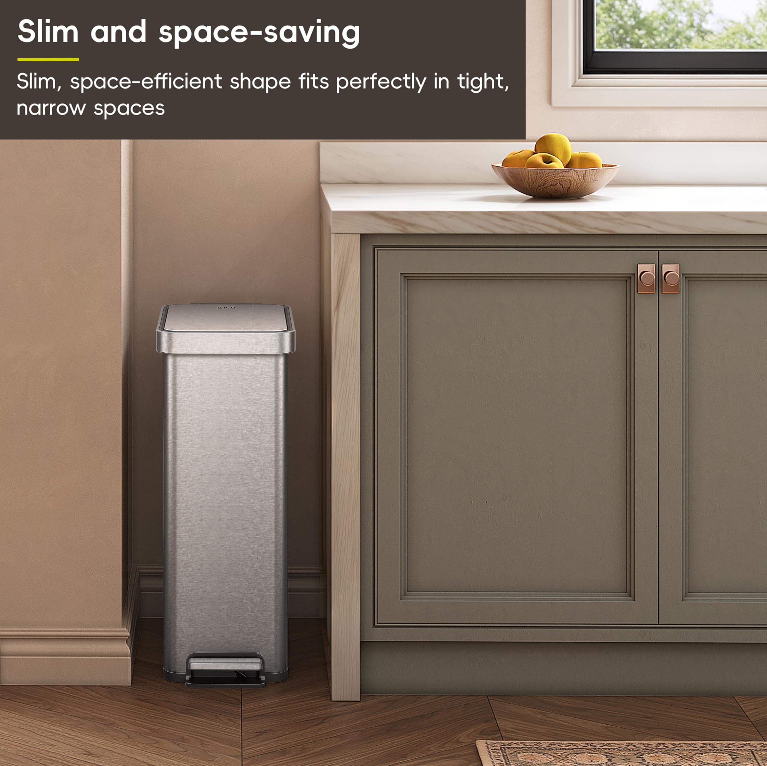 EKO Hudson Slim 50L / 13.2 Gallon Kitchen Trash Can with Lid, Stainless Steel Step Garbage Can for Kitchen or Home, Space-Saving