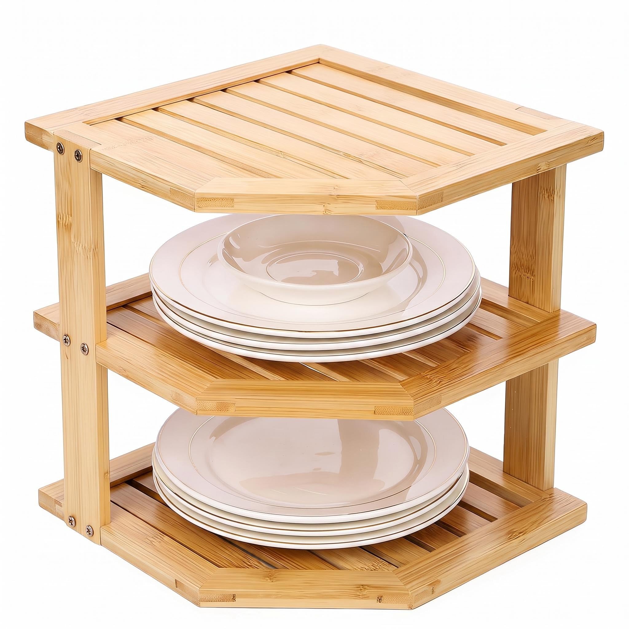 Plate and Bowl Organizer for Cabinet, Paper Plate Holder, Corner Shelf