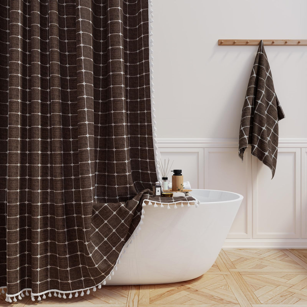 Bttn Extra Long Shower Curtain - 72X84 Inch Long Boho Chic Tassel Linen Fabric Shower Curtain Set With Hooks, Tall Modern Farmho