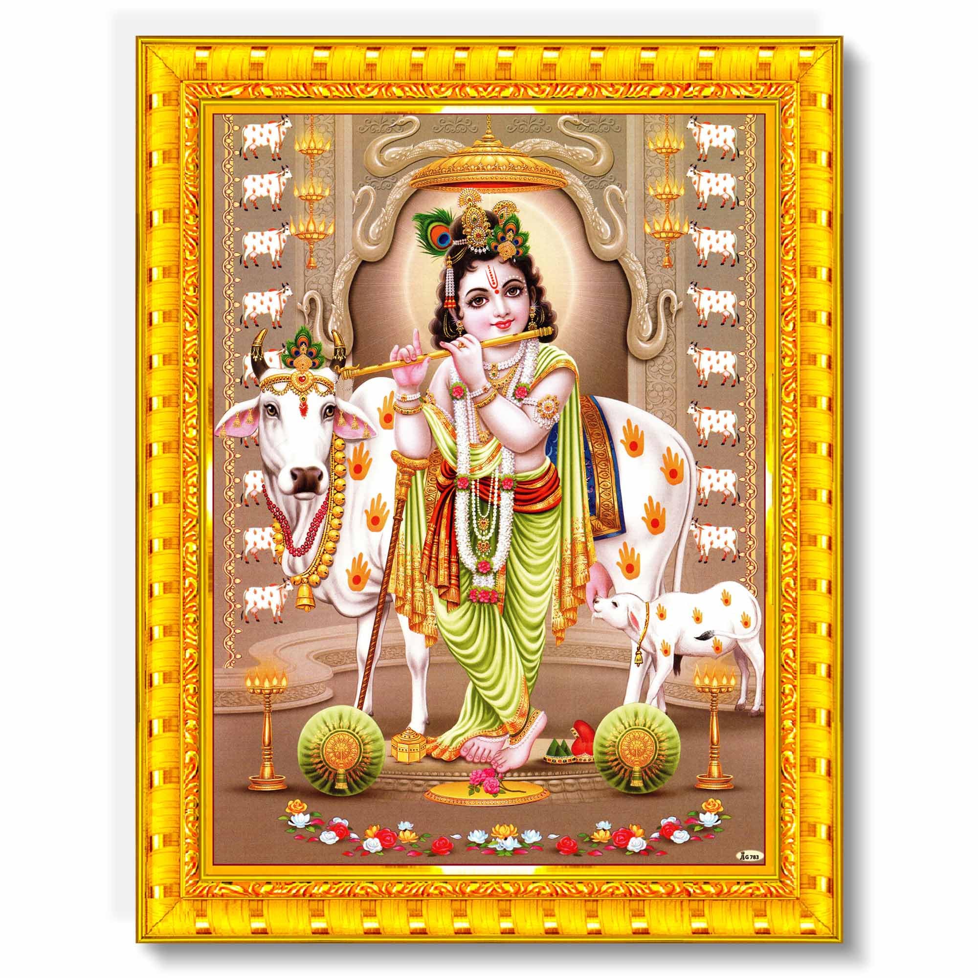 Pavan Photo Laminations Bal Gopal Shri Krishna Bala Lord Kanha Ji Ki Wall Painting Framed Home Decor (Wood,Matte,Gold,Big Size,1