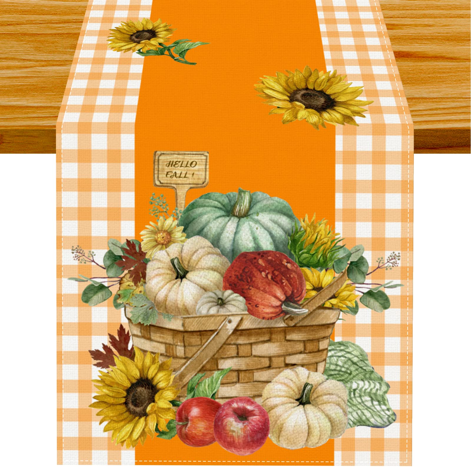 Linen Orange And White Buffalo Check Plaid Pumpkin Sunflower Fall Table Runner Farmhouse Fall Autumn Thanksgiving Kitchen Table
