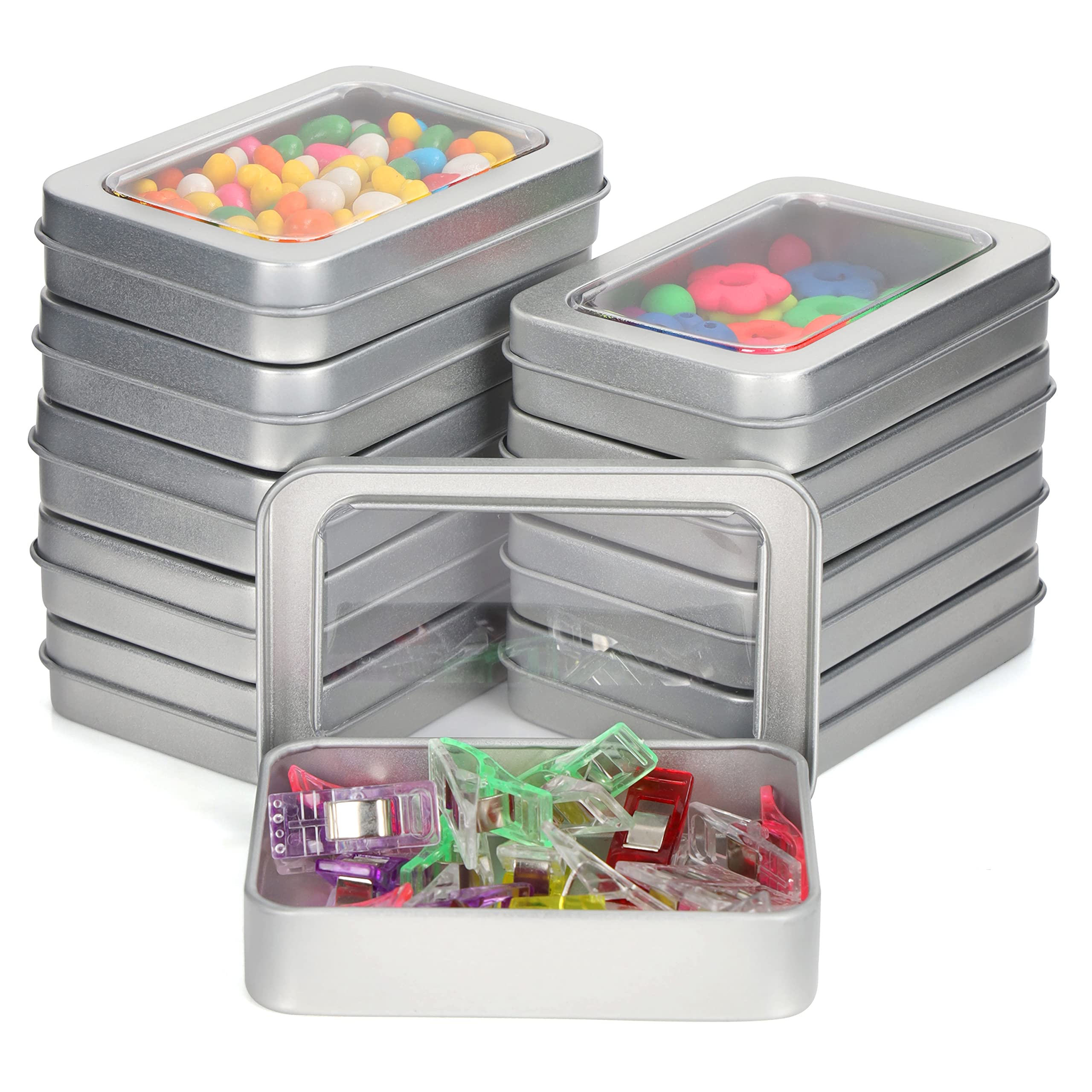 Kurtzy Silver Metal Storage Tin Box With Lid (10 Pack) - 9 X 6.3 X 1.8Cm / 3.54 X 2.48 X 0.71 Inches - Small & Portable Non-Hing