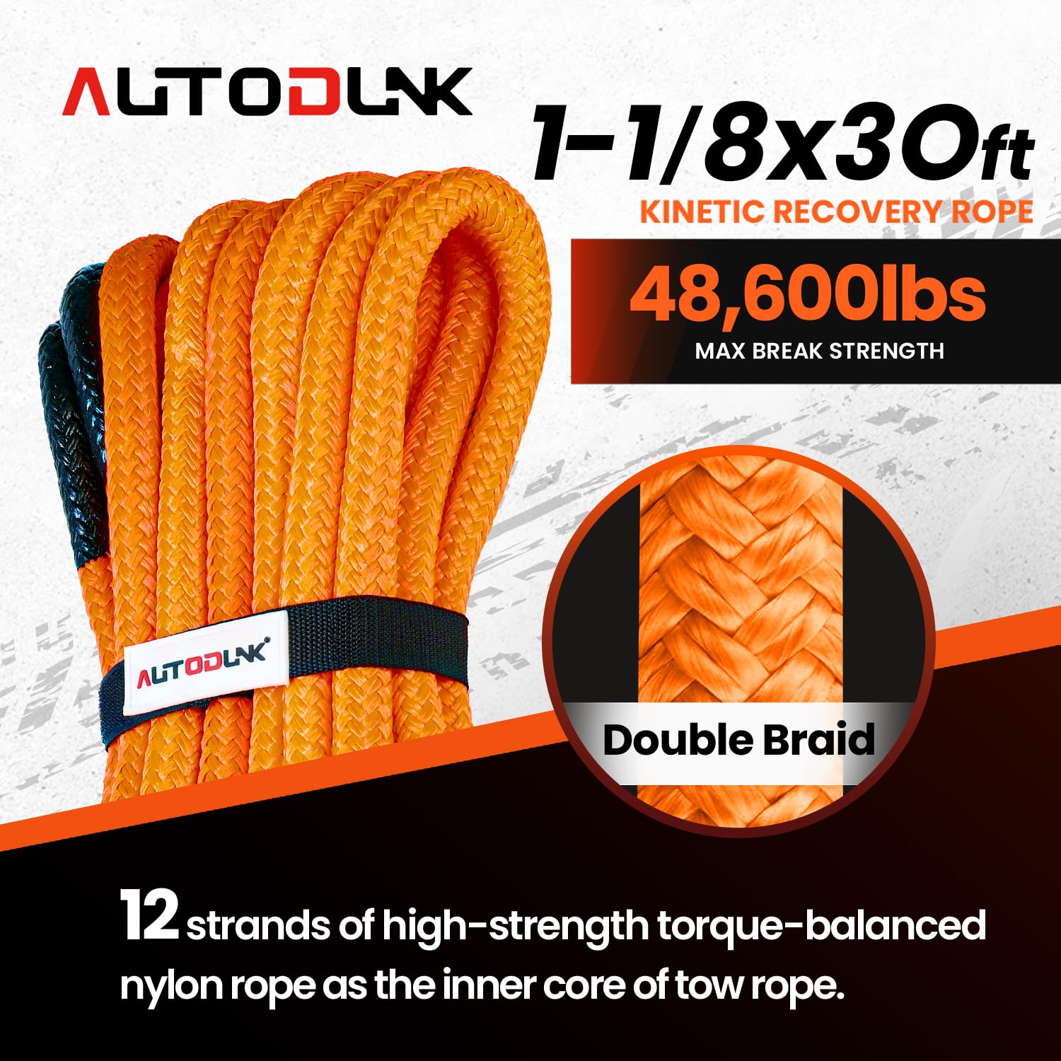 Autodunk 1 X 30 Kinetic Recovery  Tow Rope (33,000Lbs), With 2 Soft Shackles (33,000Lbs) Offroad Recovery Kit For 4Wd Pick Up Tr