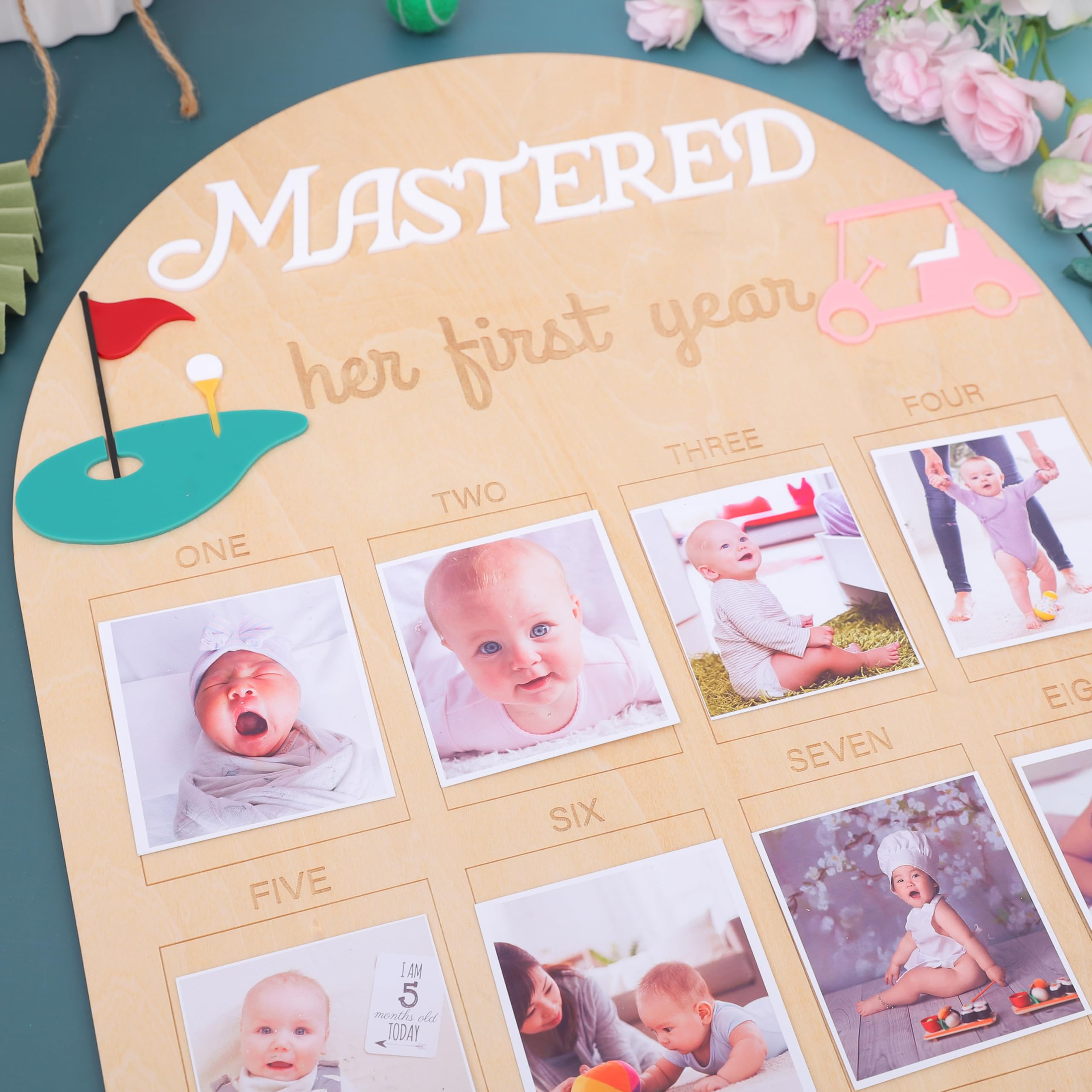 Her First Year Golf Photo Board - Monthly Photo Decoration for A Hole in One Shot, Golf 1st Birthday Milestone Sign, 1 to 12 Mon
