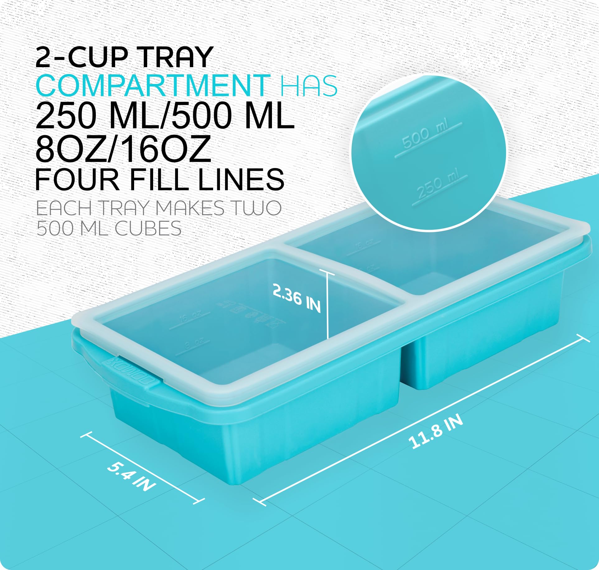 Xomoo Silicone Freezer Tray With Lid-Soup Freezer Container Molds-2-Cup Extra Large Ice Cube Tray-Makes 4 Perfect 500Ml Portions