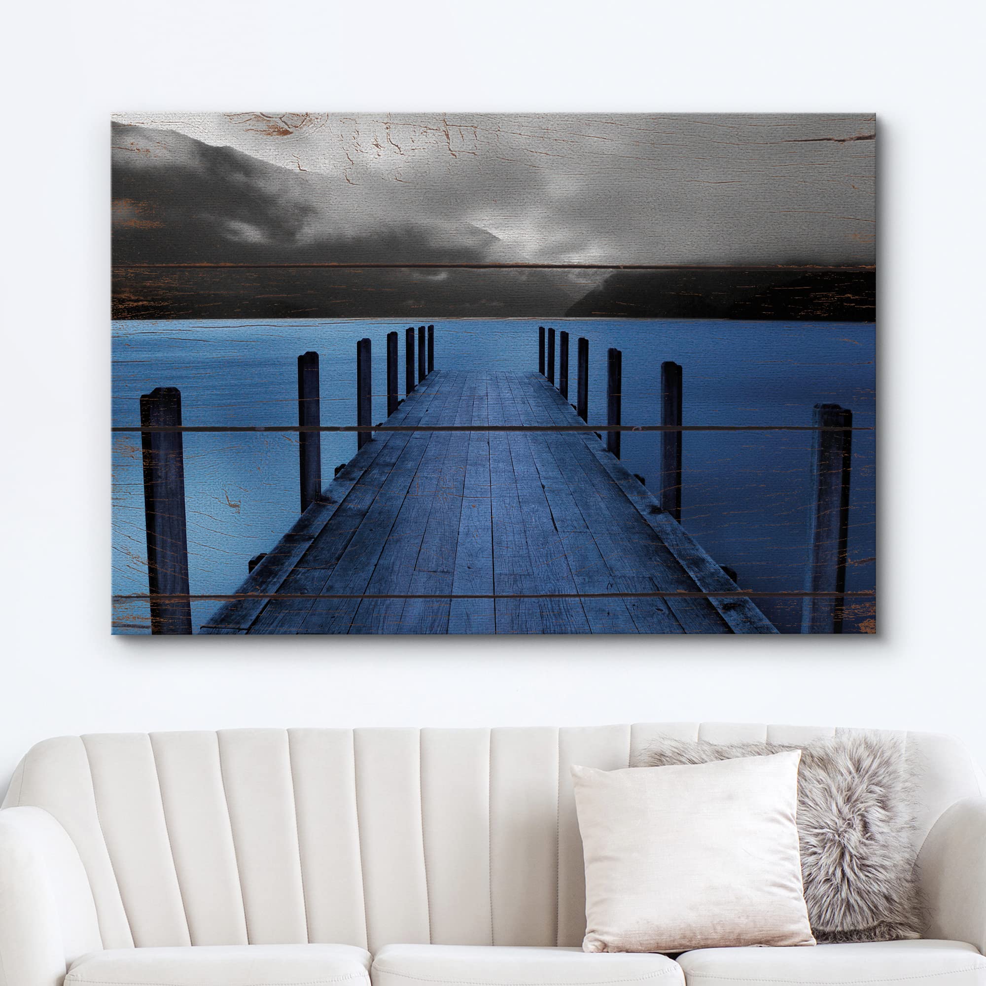 Wall26 Canvas Print Wall Art Evening On Black & Blue Grayscale Beach Pier Nature Wilderness Digital Art Realism Chic Colorful Mu