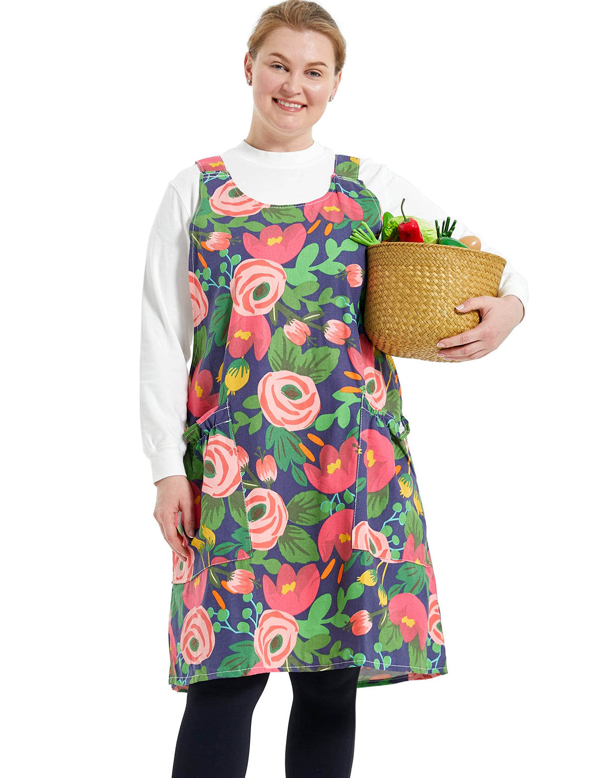Apronner Cross Back Plus Size Linen Aprons For Women With Pockets Blend Dress For Baking Cooking Gardening Works Red Tulips