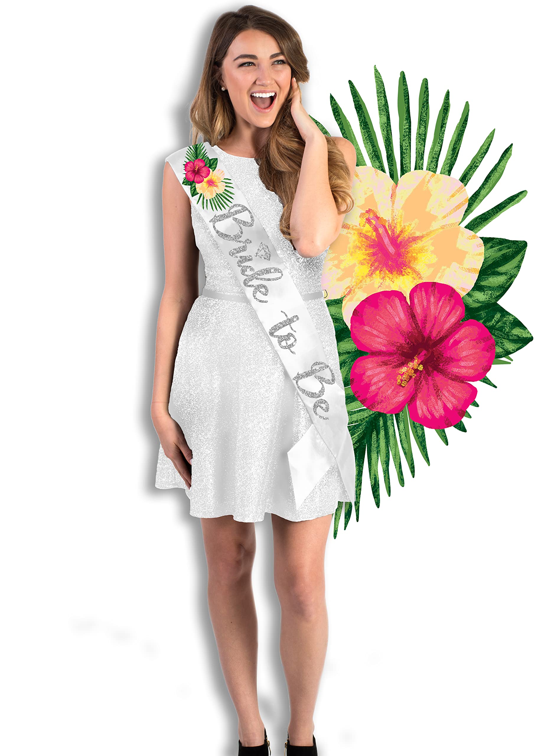 Summer Bridal Shower Supplies - Tropical Floral Silver Sparkle Diamond Bride To Be White Satin Sash - Tropical Hibiscus Flower B