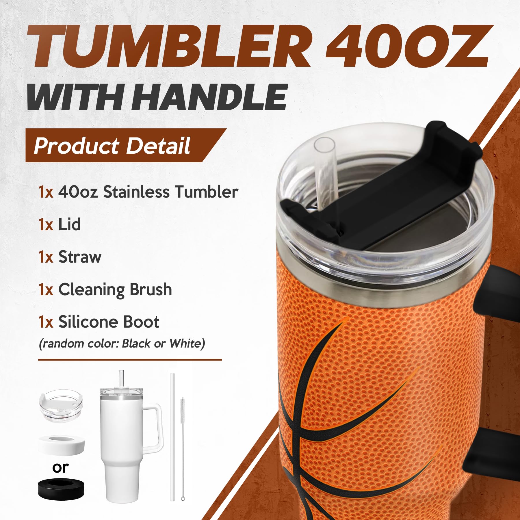 SANDJEST Basketball Tumbler with Handle 40oz Lid & Straw, Insulated Coffee Cup Gifts for Men Boys Players, Christmas Birthday