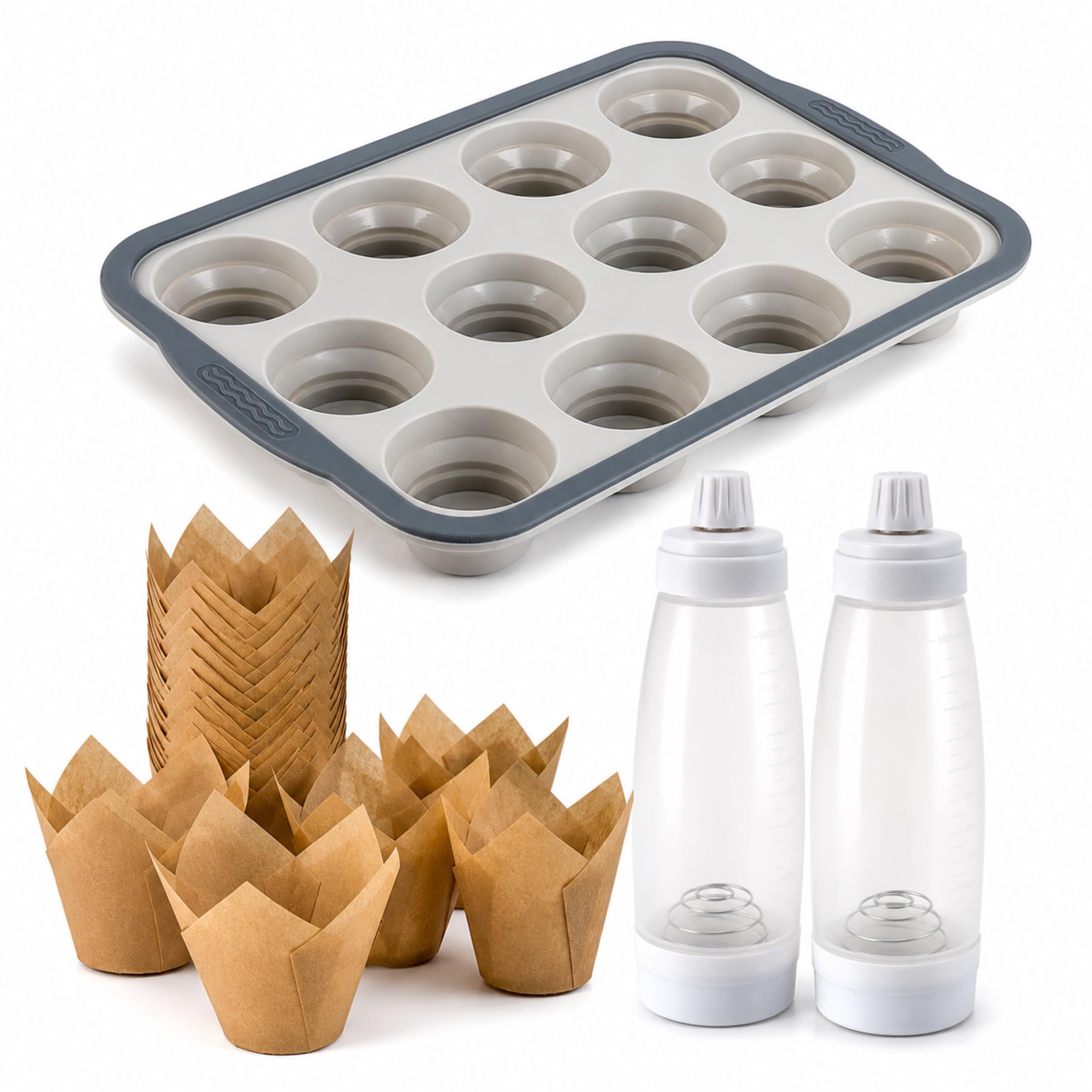 Taiyangxia 12Cavity Silicone Muffin Pan with 200 Liners, 2 Dispensers