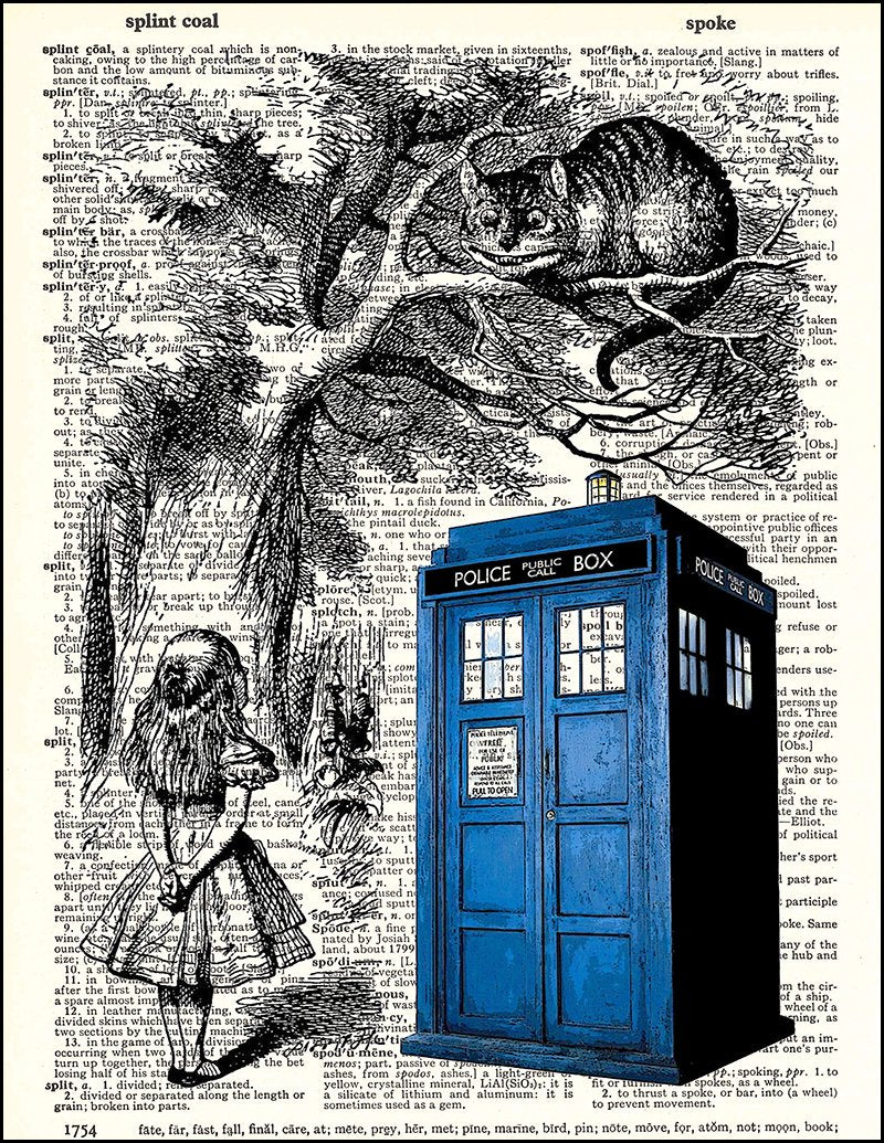 Dictionary Art Print - Tardis, Alice, And Cheshire Cat - Printed On Recycled Vintage Dictionary Paper - 8.5''X11'' - Mixed Media
