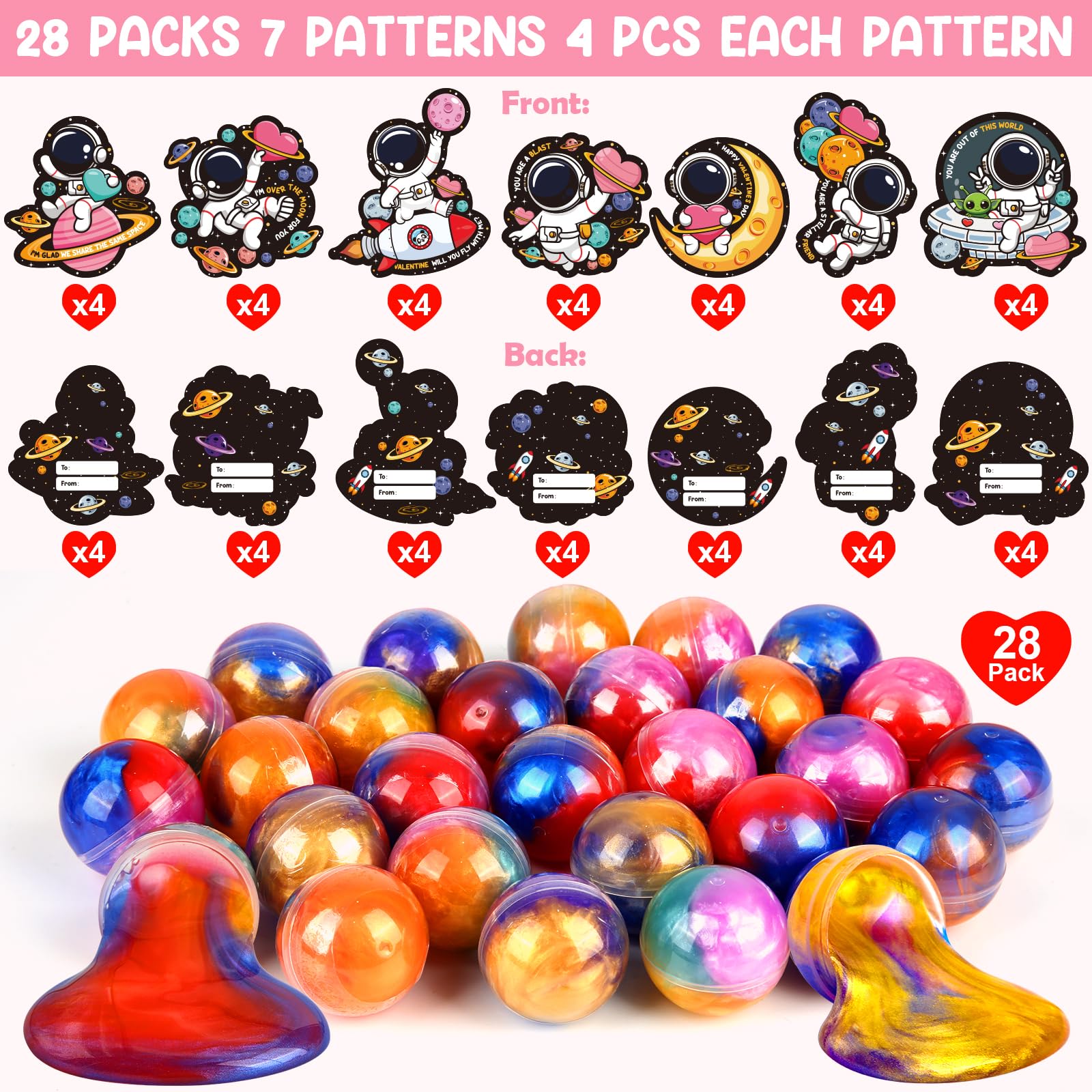 28 Pack Valentines Day Gifts For Kids, Galaxy Slime With Greeting Cards Stress Relief Fidget Set For Kids, Valentine'S Day Class