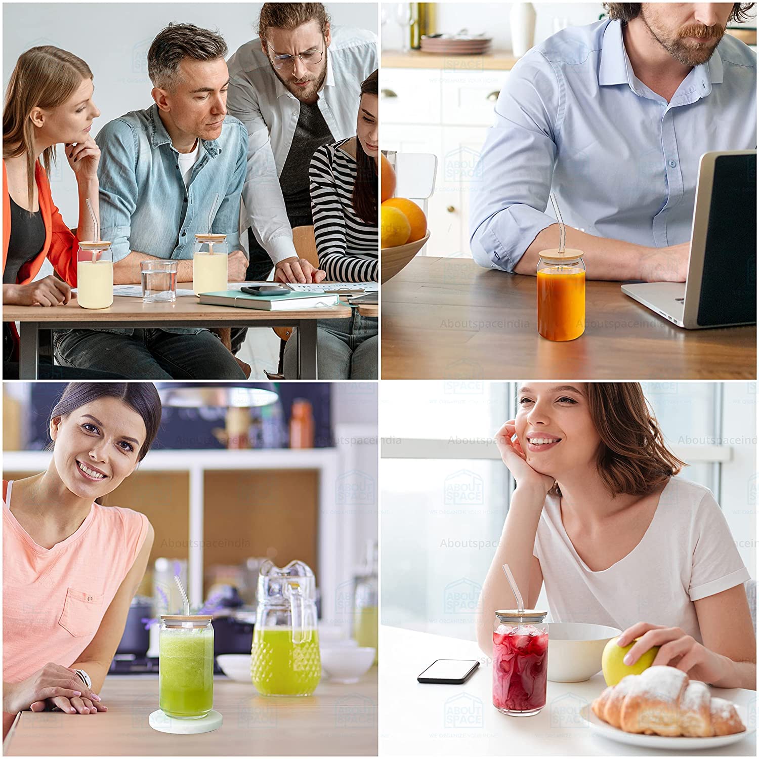 KiKiluxxa Round Glass Tumbler Can with Straw and Lid - 540ml - Pack of 4 - Glass Sipper with Straw for Fruit Juice Milk Mug