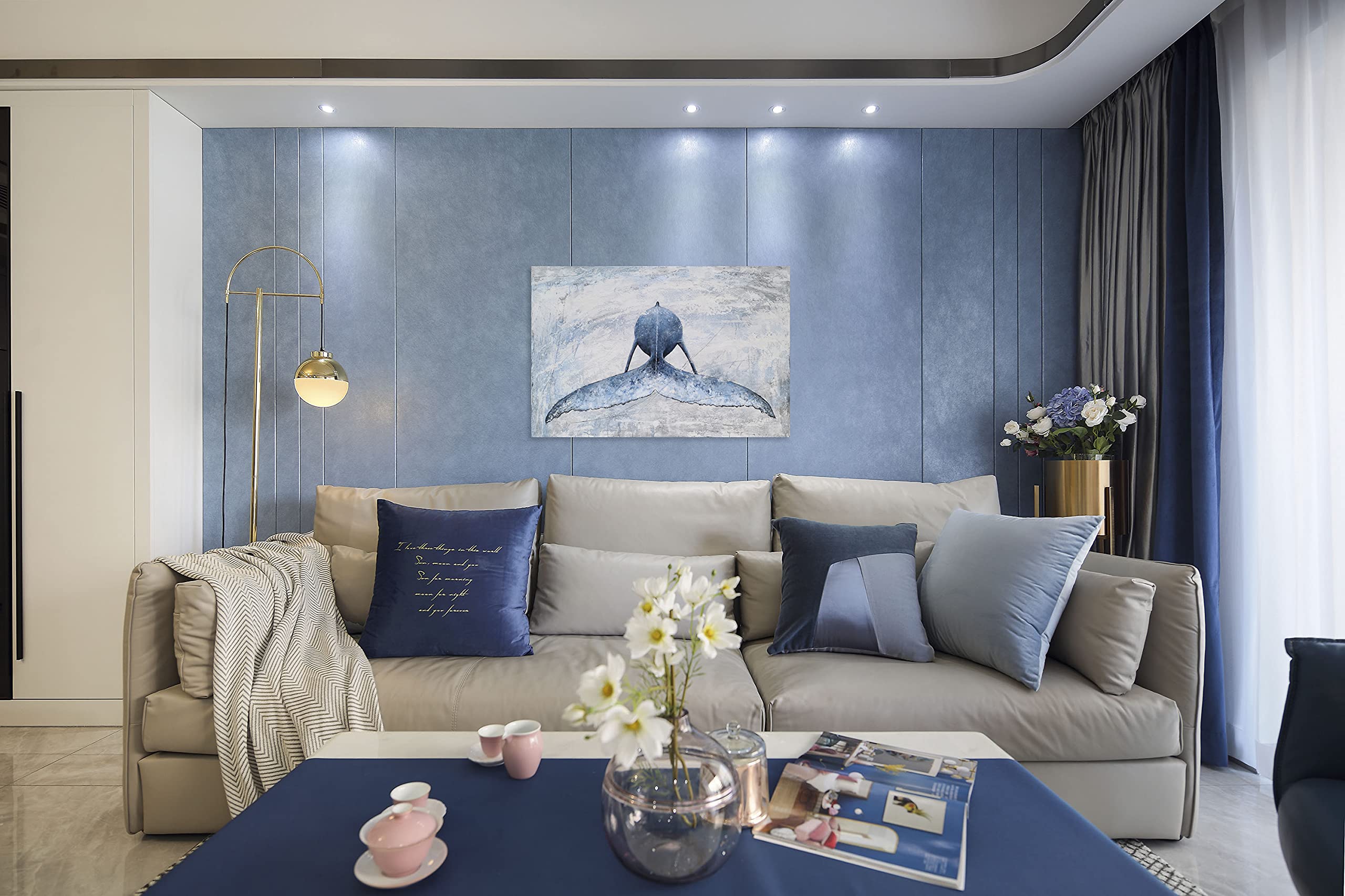 Sygallerier Coastal Canvas Wall Art - Blue And White Whale Paintings - Modern Abstract Tropical Fish Pictures With Textured For