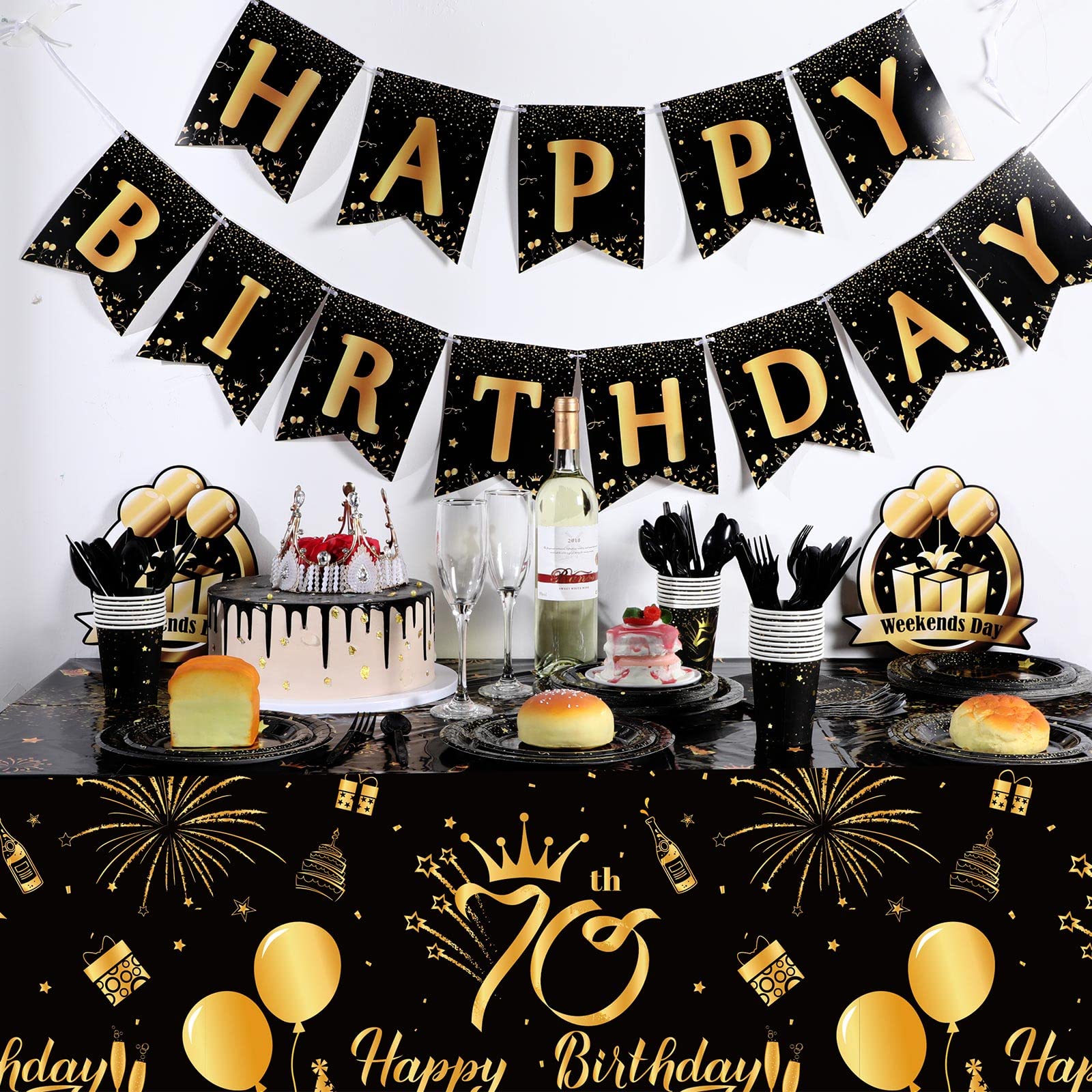 3 Pack 70Th Happy Birthday Tablecloth Disposable Plastic Birthday Table Cover Rectangular Black And Gold Table Cloths For Partie
