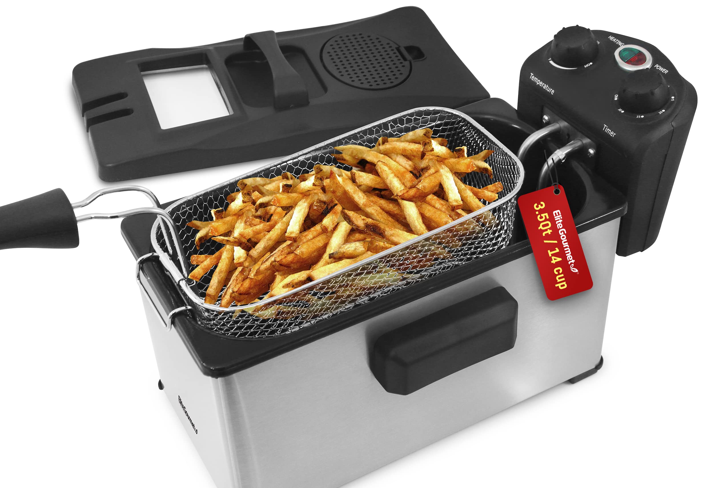 Elite Gourmet Edf-3500 Electric Immersion Deep Fryer. Removable Basket, Timer Control Adjustable Temperature, Lid With Viewing W