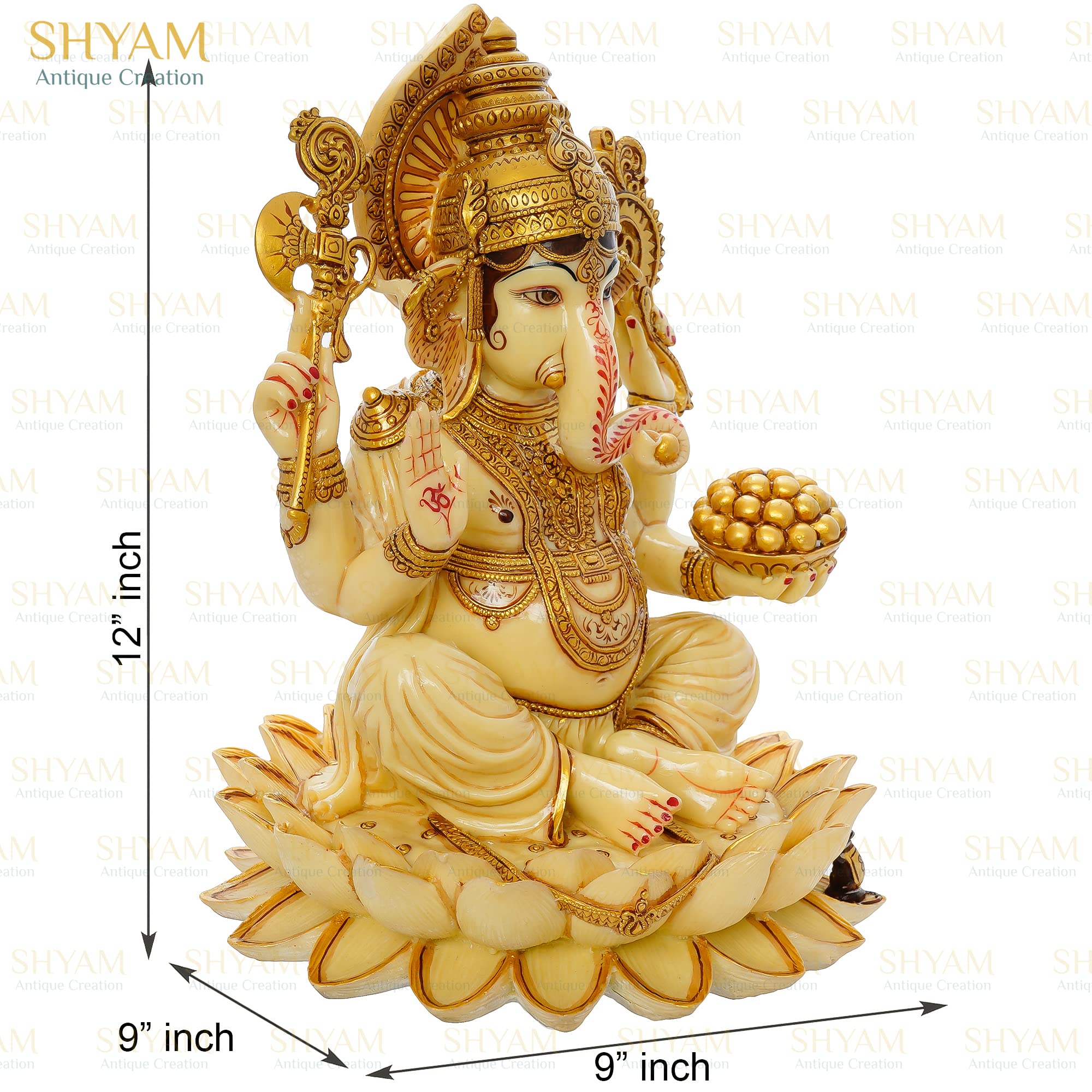 Shyam Antique Creation 12 Action Large Lord Ganesha Statue For Home Decor Marble Ganesha Idol On Lotus Ganesh Ji Marble Dust Ido