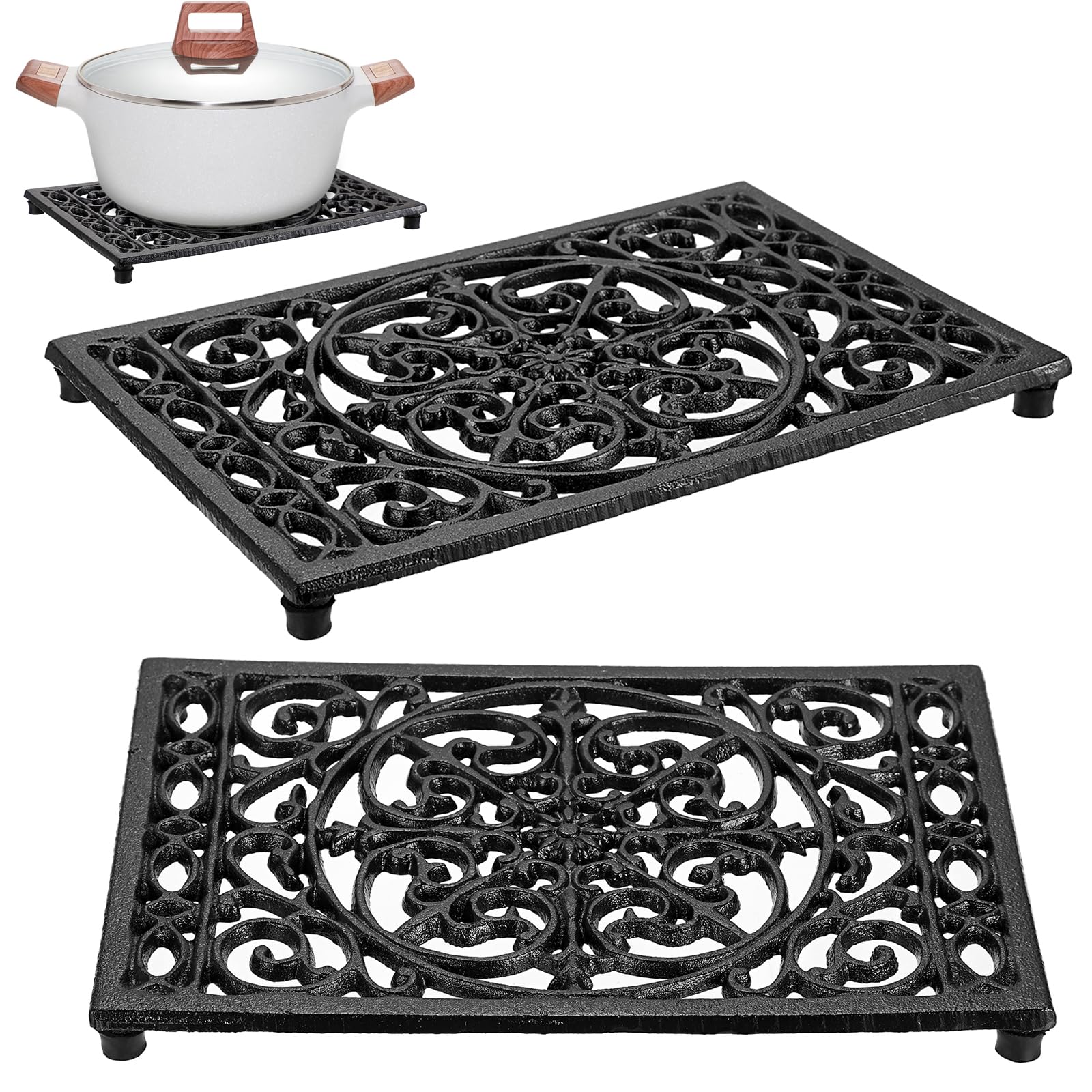 Sumnacon 2Pcs Rectangle Cast Iron Trivet - Heat Resistant Iron Trivet For Hot Dish Pot Pan Plate Teapot, Rustic Cast Iron Hot Di