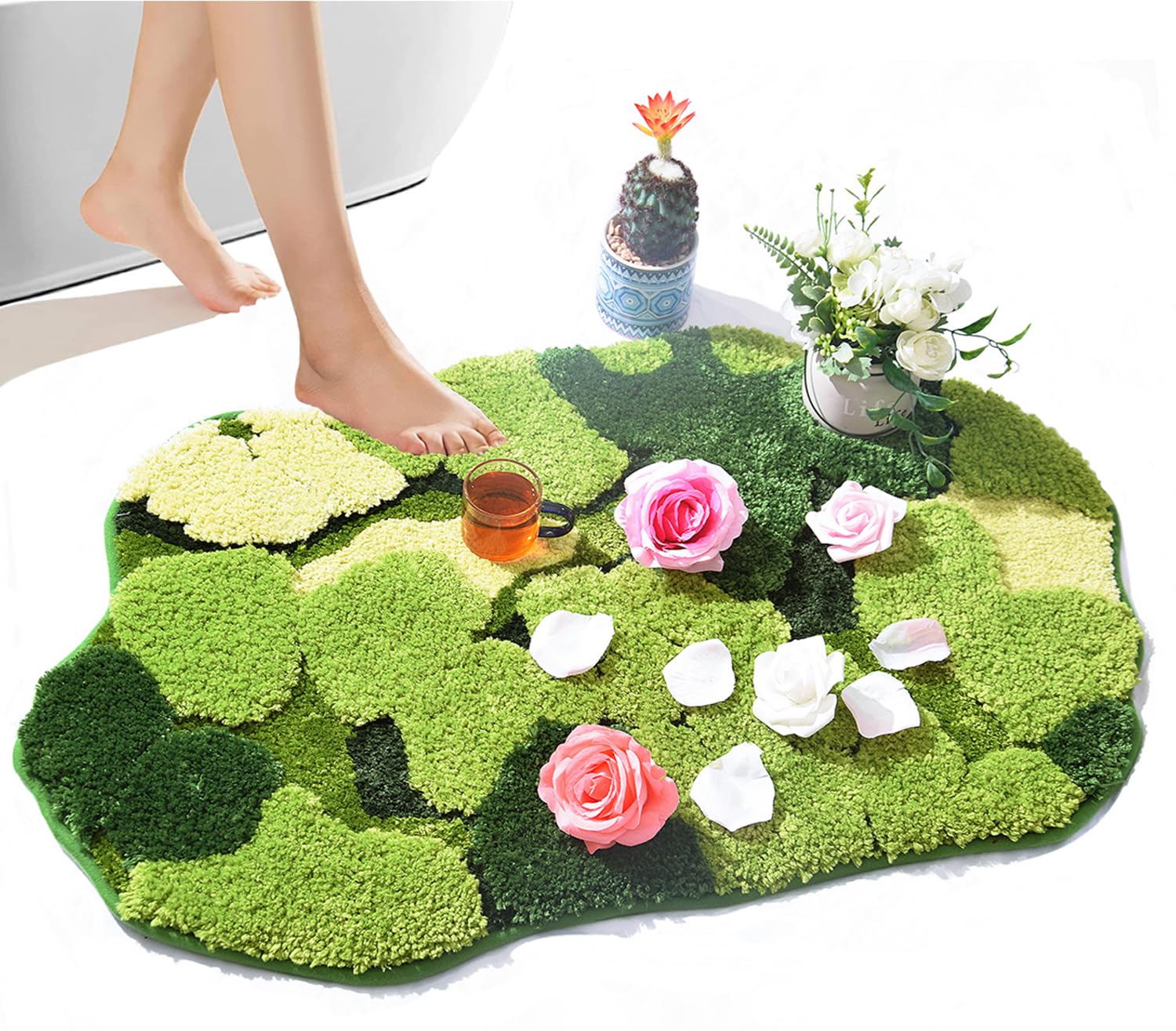 Hifuwan Cute Green Moss Shag Bathroom Rugs Leaf Bath Mats For Bathroom Decor Aesthetic Leaves Soft Non Slip Washable Aabsorbent