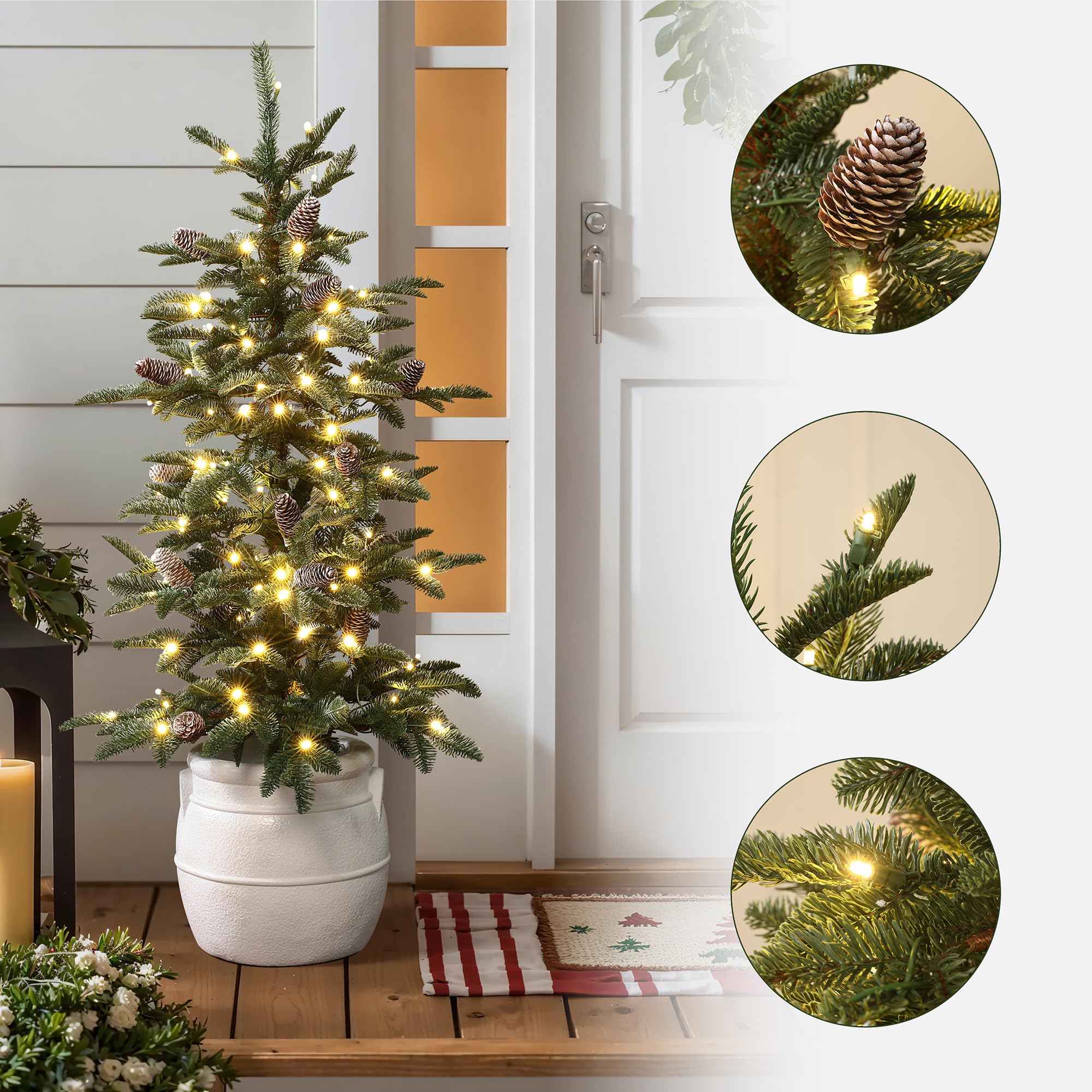LuxenHome 4FT Small Christmas Tree, Slim Potted Christmas Trees with 100 Warm White LED Lights, Artificial Pine Tree with Pine C