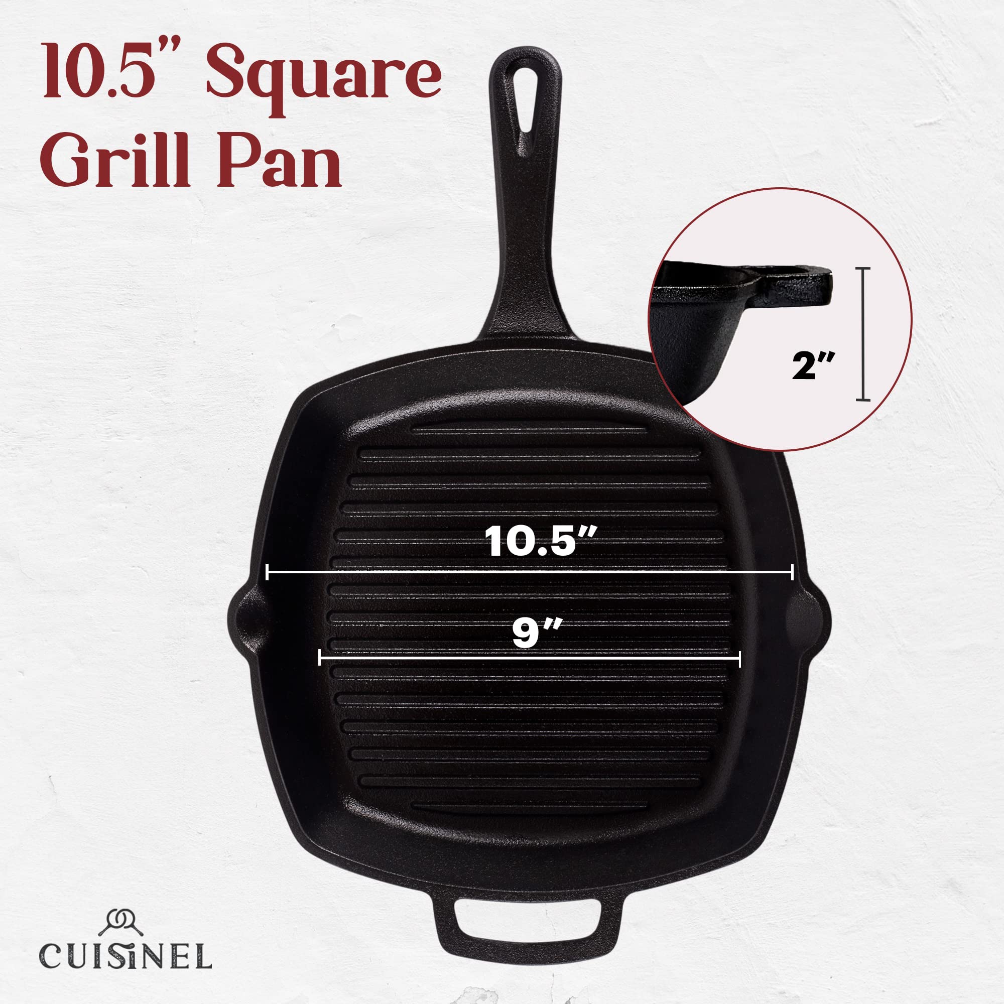 Cuisinel Cast Iron Square Grill Pan + Glass Lid + Pan Scraper + Handle Cover - 10.5'' Pre-Seasoned Ridged Skillet - Grill, Stove