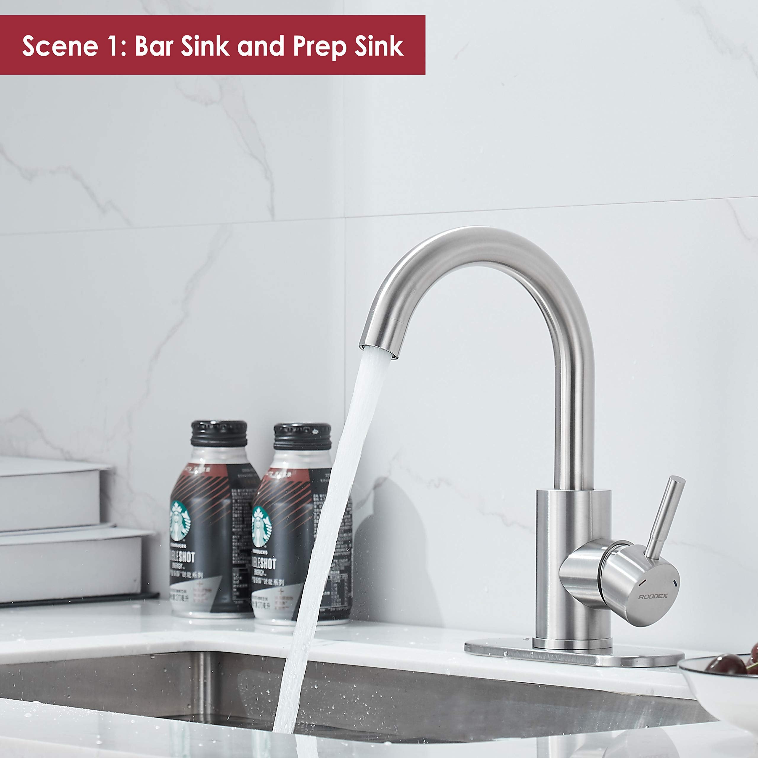 Roddex Wet Bar Sink Faucet, Stainless Steel 360 Swivel Bar Mixer With 3 Hole Cover Deck Plate, Small Modern Single Handle Tap Fo