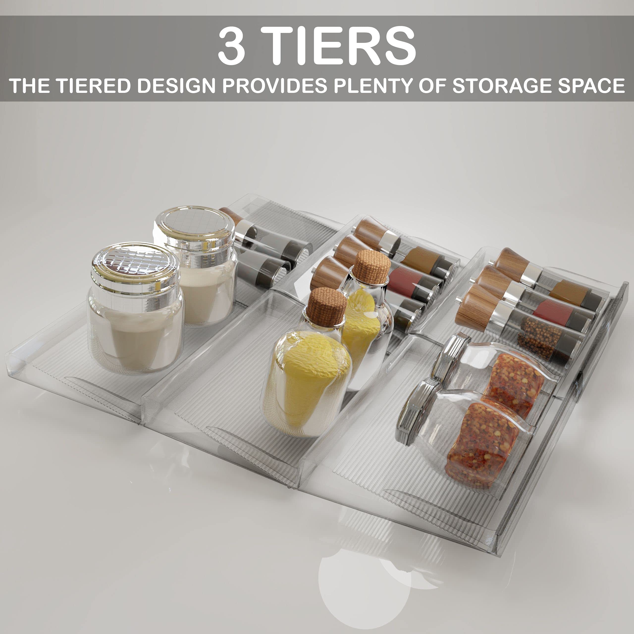 BaHoki Essentials 3 Tier Spice Rack- Kitchen Drawer Organizer - Clear Plastic Storage Rack for Kitchen Pantry - Perfect for Salt