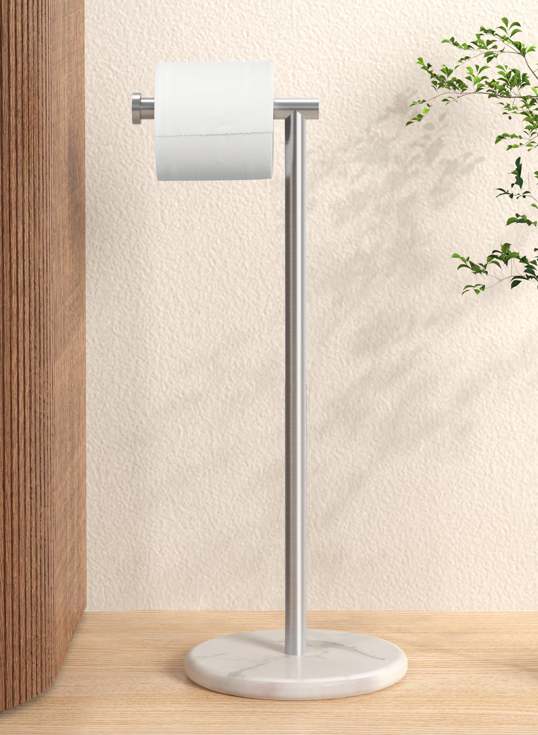 KES Toilet Paper Holder Stand  Freestanding Toilet Paper Roll Holder with Modern Natural Marble Base  White Freestanding Toilet Tissue Holder SUS304 Stainless Steel Brushed Finish BPH284S1-2