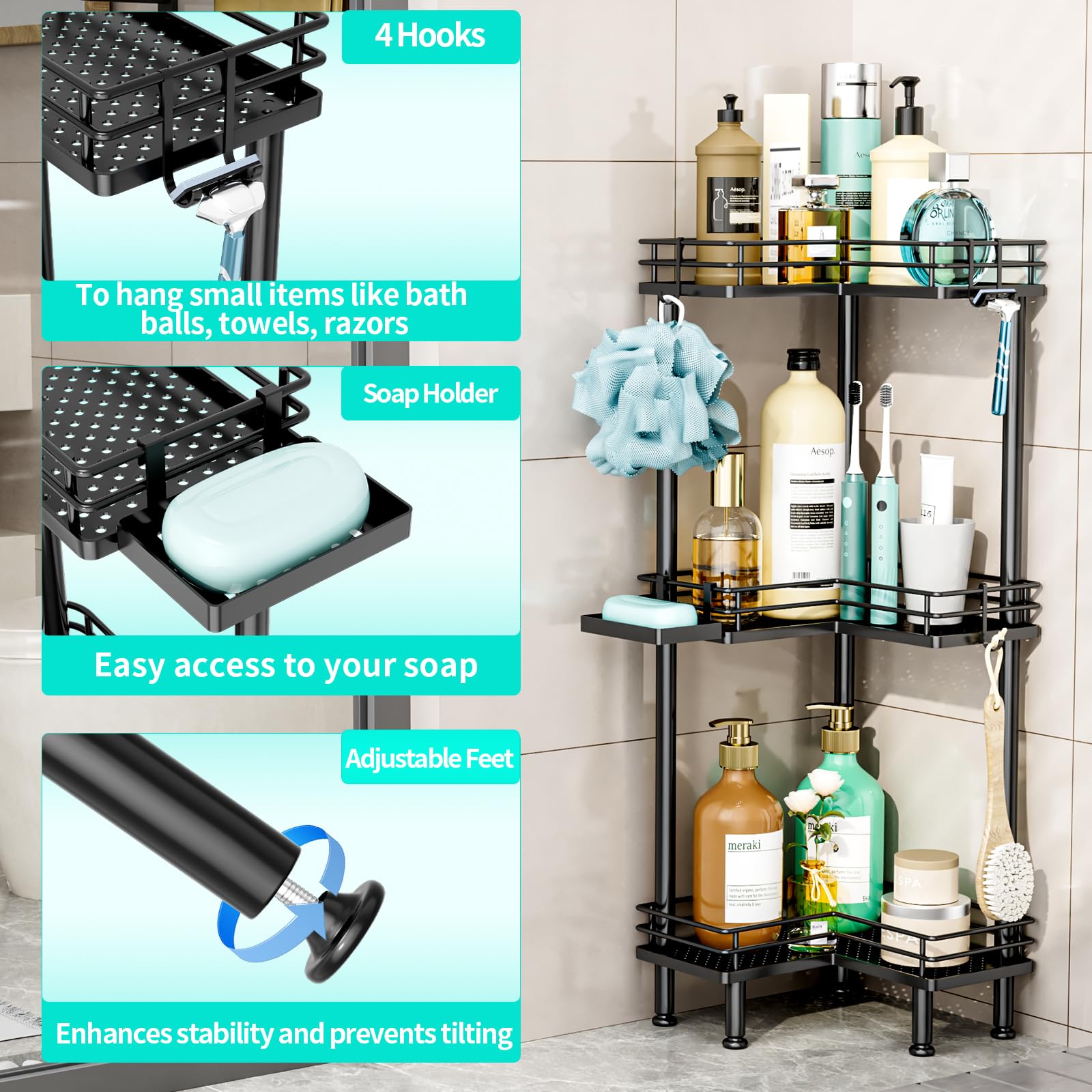 Hapirm Corner Shower Caddy Standing - 3 Tier Shower Organizer Corner With Soap Holder, Rustproof Shower Shelves With 4 Hooks For