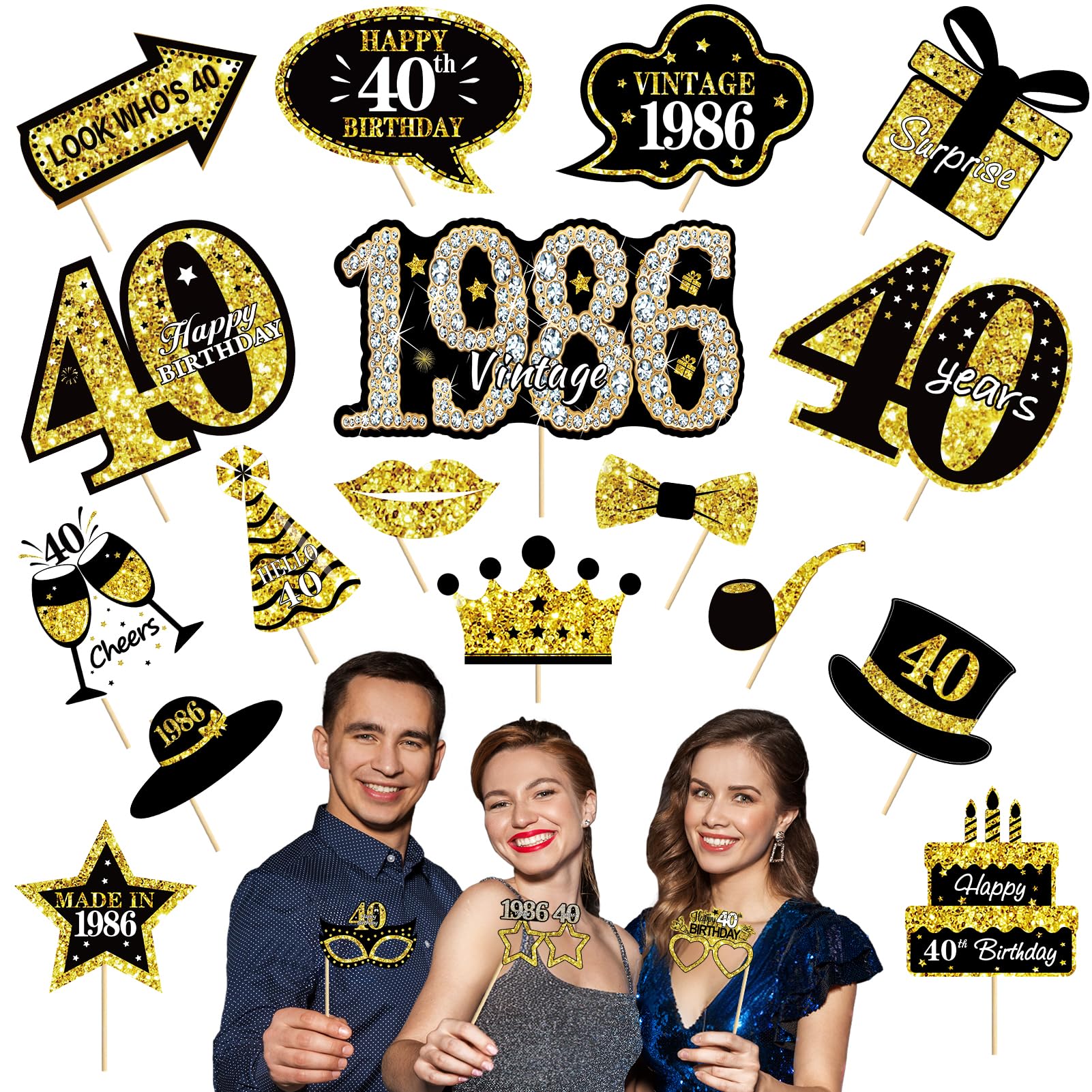40th Birthday Photo Booth Props(30Pcs) for Her Him Cheers to 40 Years Birthday Party, Black Gold Decorations, 40th Happy Birthda