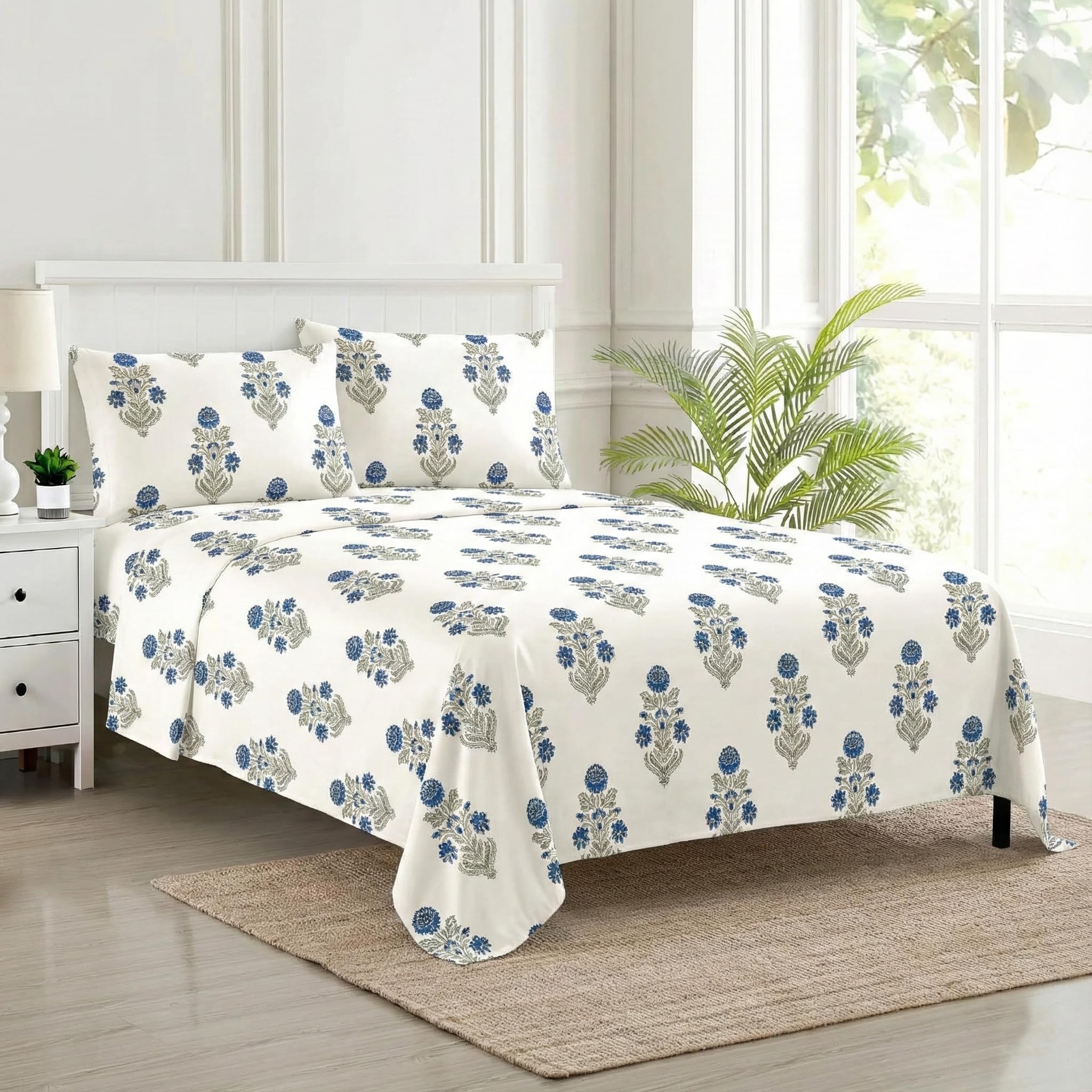 Trance Home Linen Jaipuri Design 180Tc 100% Cotton King Size Printed Bedsheet|Bedding Set Of King Size Flat Bed Cover With 2 Pil