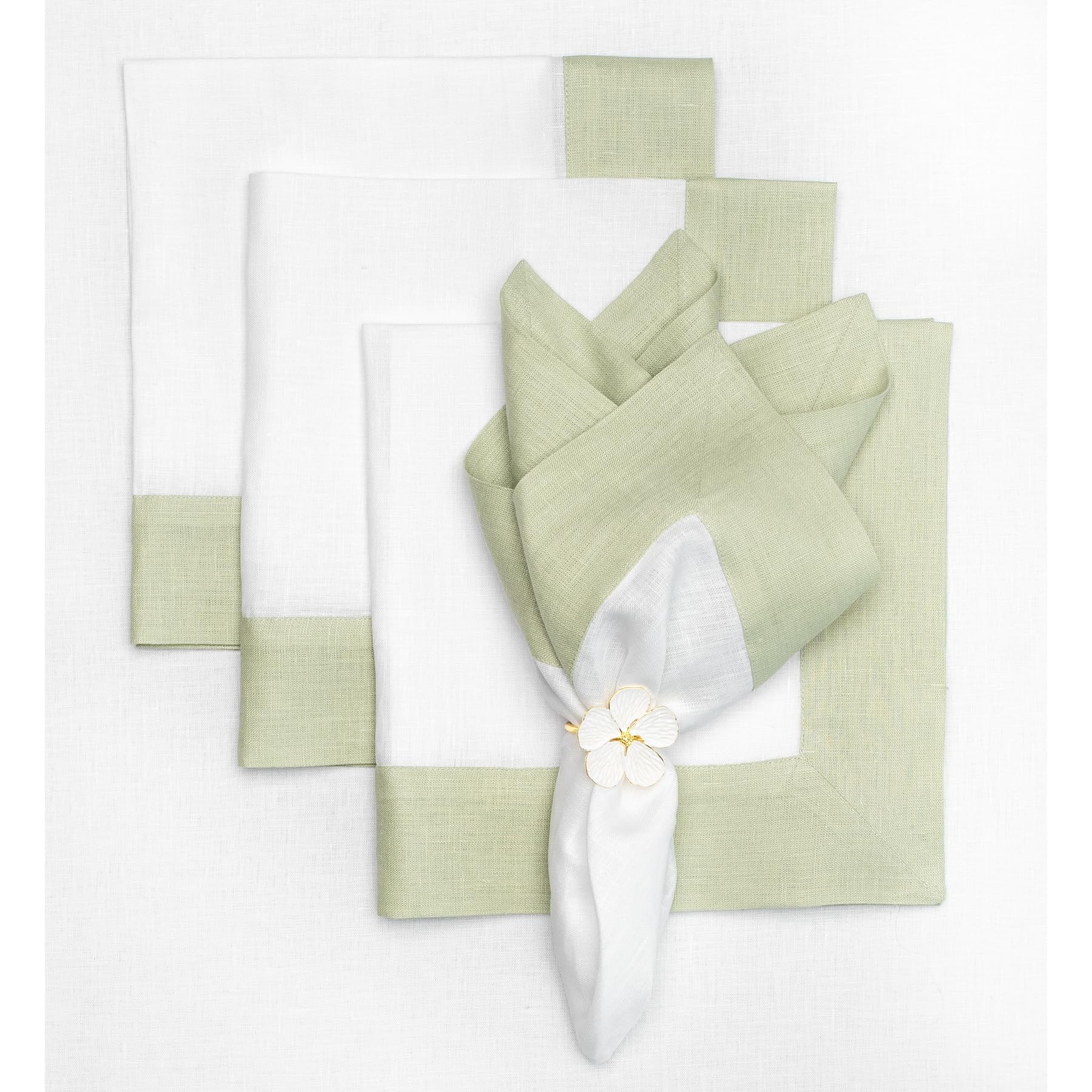 Solino Home Linen Dinner Napkins 20 X 20 Inch - 100% Pure Linen Sage Green And White Cloth Napkins Set Of 4 For Spring, Easter -