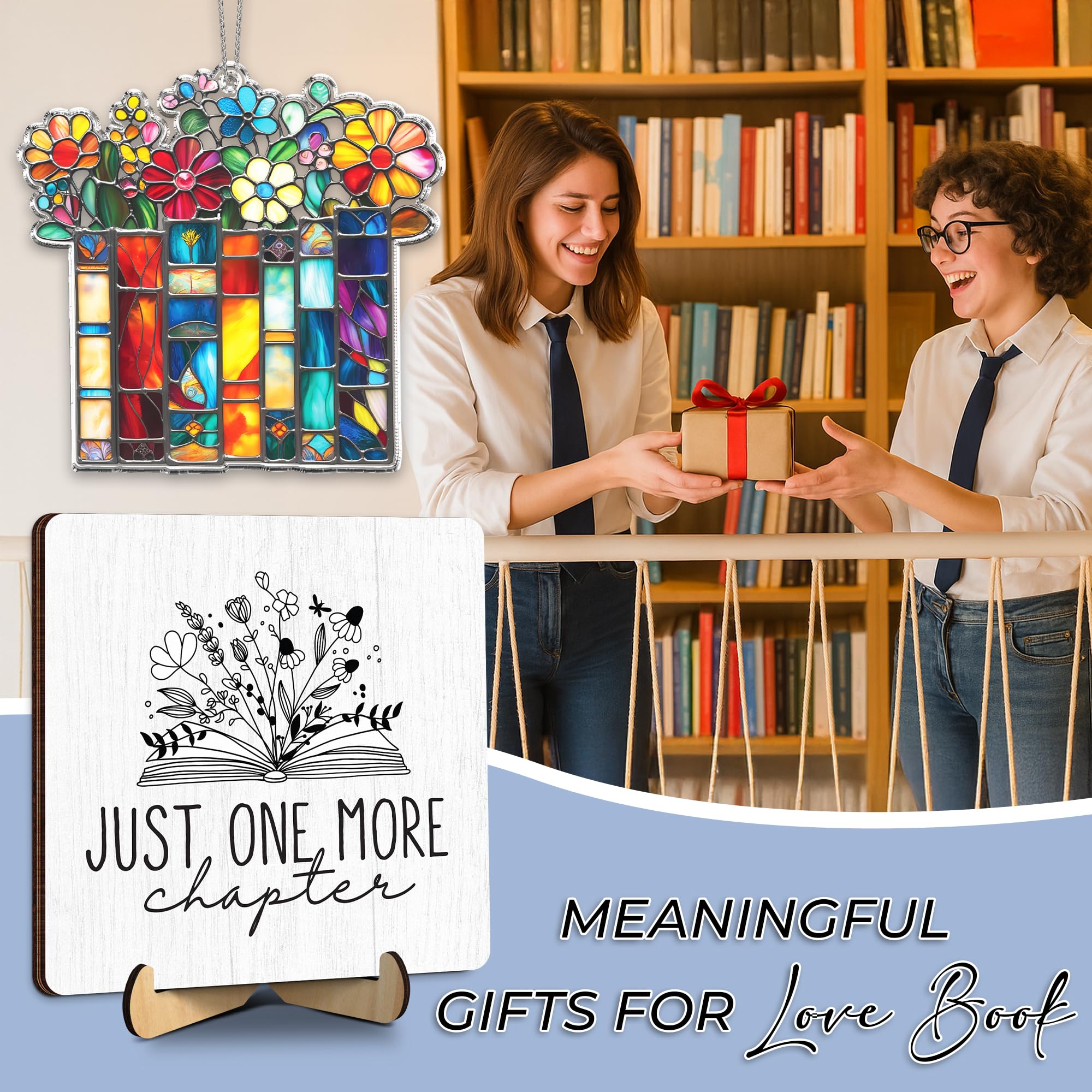 Just One More Chapter Book Lover Gift Set - Thank You Gift for Teacher, Librarian, Reader, or Book Club - Stained Glass Ornament