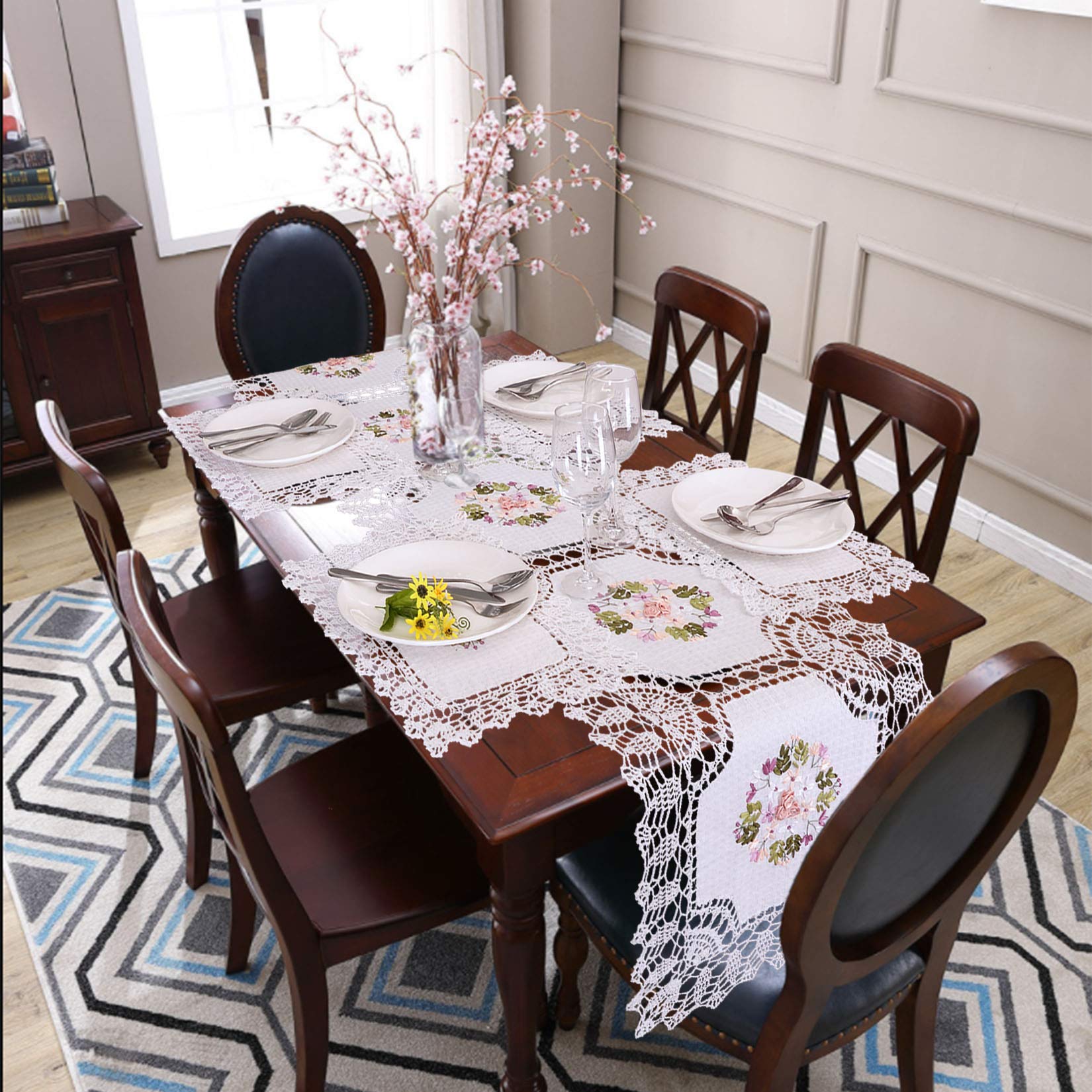 Grelucgo Handmade Crochet Cotton Lace Table Runner Dresser Scarf, Ribbon Embroidery (17 X 72 Inches)