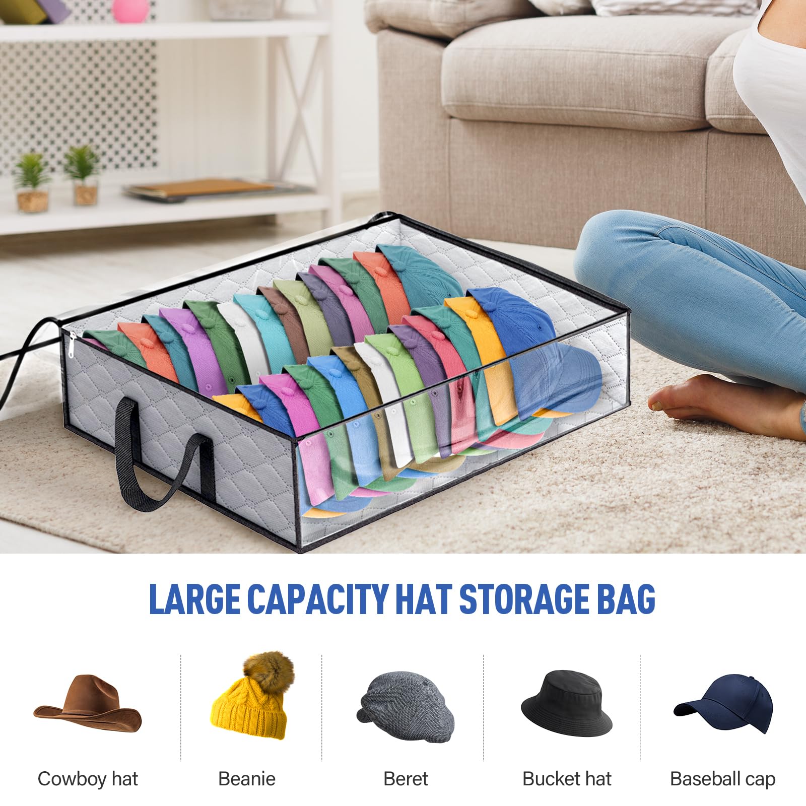 Fixwal Wide Hat Storage For Baseball Caps Organizer With 2 Sturdy Handles Hat Racks Holds Up To 40 Hats Foldable For Home Travel