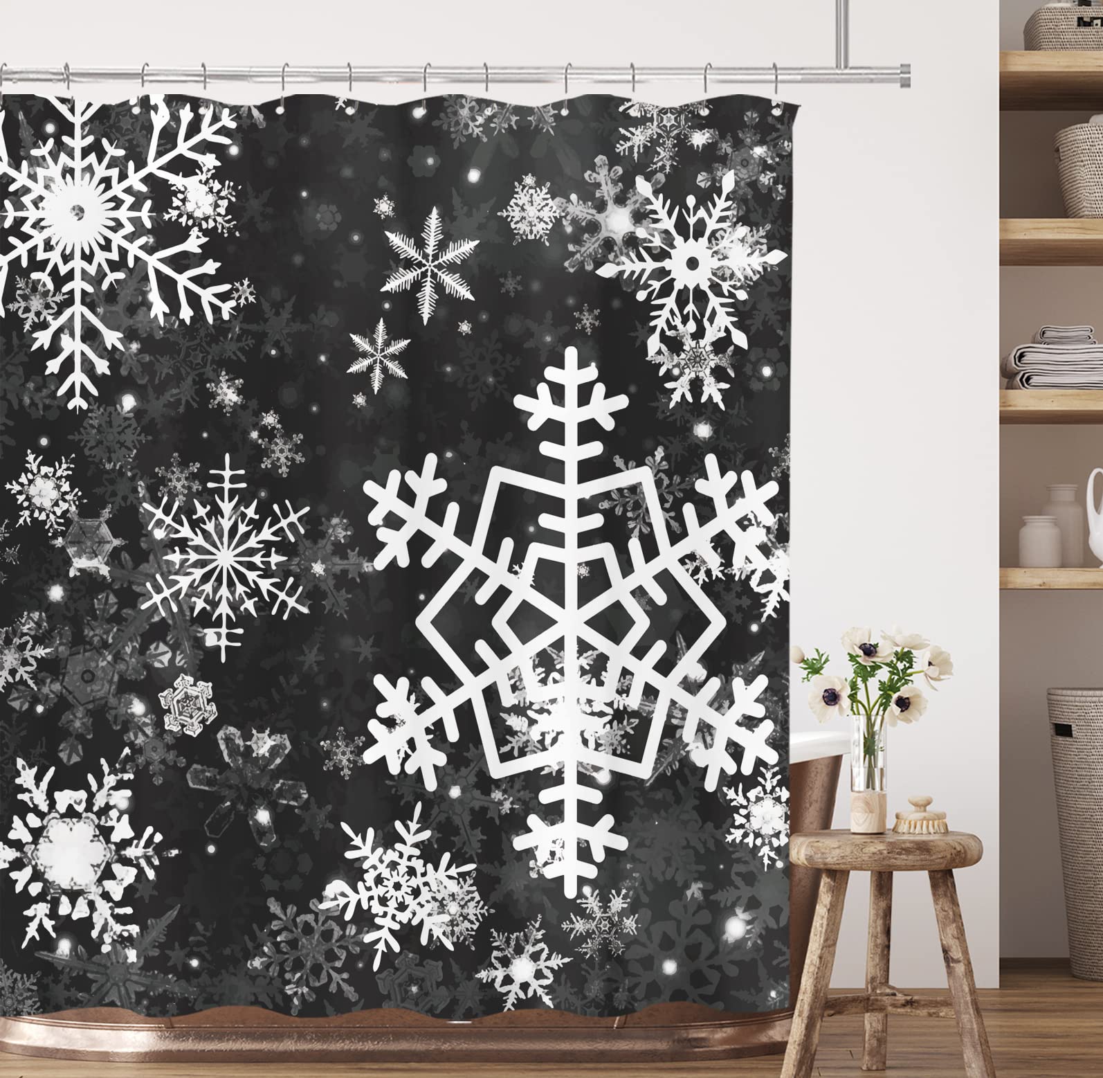 Tititex Merry Christmas Snowflake Shower Curtain Set, Happy Holiday Winter Black White Bathroom Decorative Winter Waterproof Fab