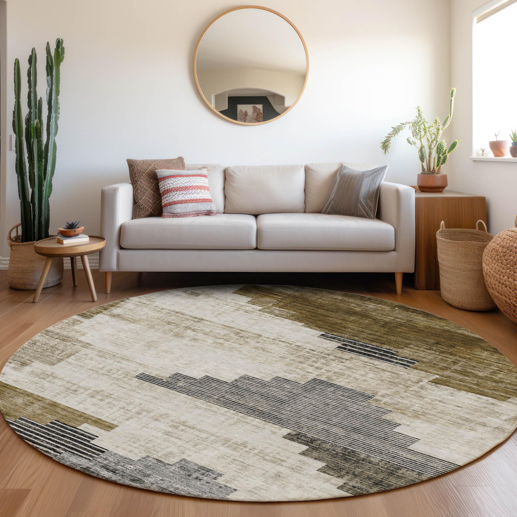Machine Washable Indoor/Outdoor Chantille Brown 8 x 8 Round Rug